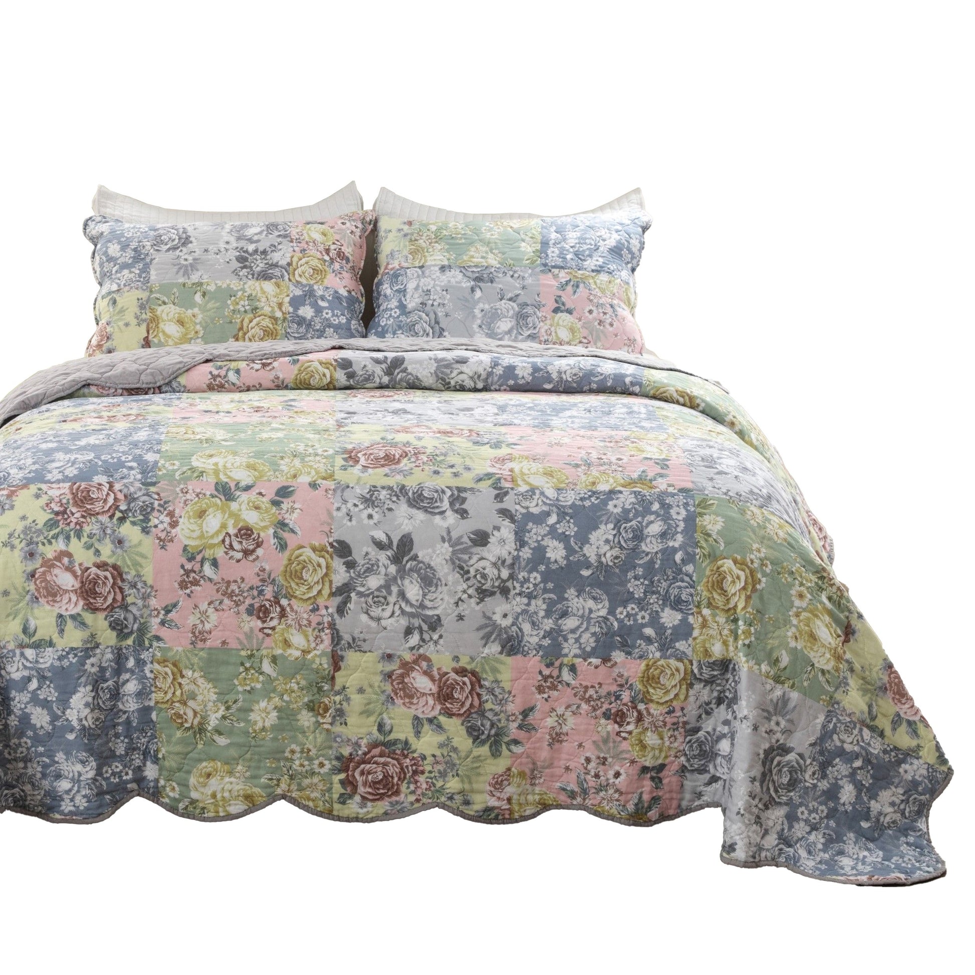 Eni 2 Piece Twin Xl Cotton Quilt Set, Pastel Blue Flowers, Soped Edges Twin Xl Multicolor Microfiber