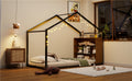 Twin Size Metal Bed House Bed Frame With Shelves And Lights, Black Twin Black Metal & Wood