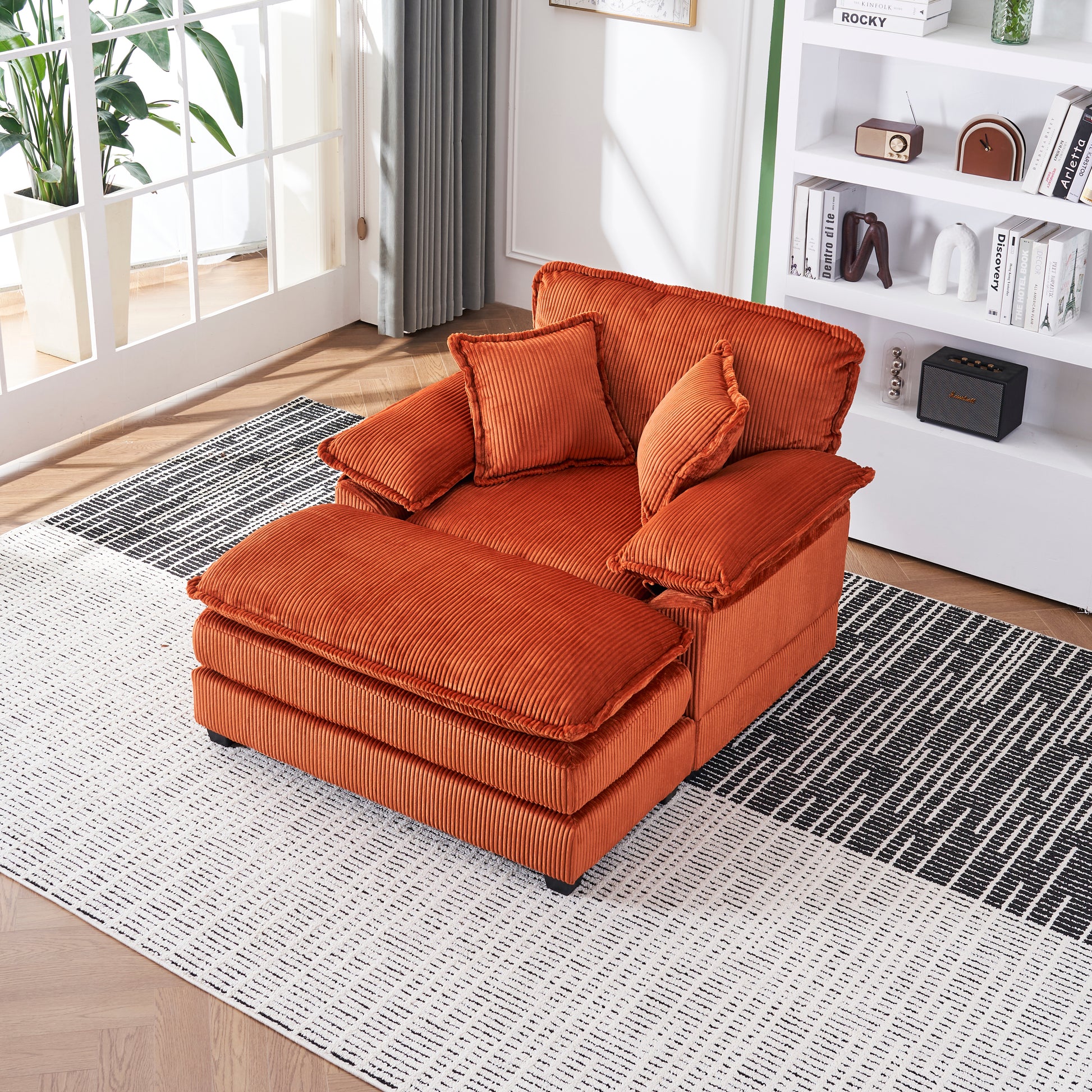 56.3 Inch Corduroy Single Sofa With 2 Toss Pillows And A Ottoman ,Comfy Sofa Deep Seat Couch For Living Room Orange Foam 1 Seat