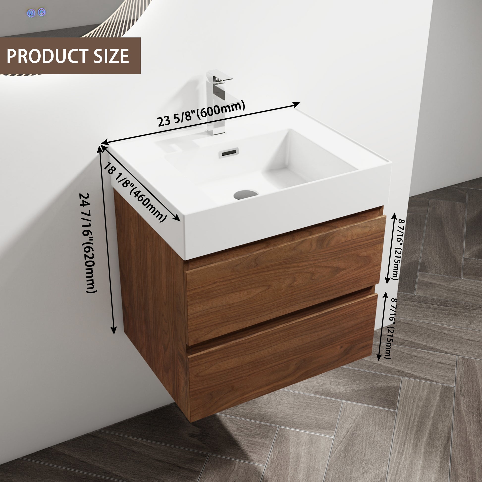 24" Wall Mounted Bathroom Vanity With Resin Sink, 2 Soft Close Drawers, Kd Package 2 Brown Oak Bathroom Wall Mounted Modern Plywood