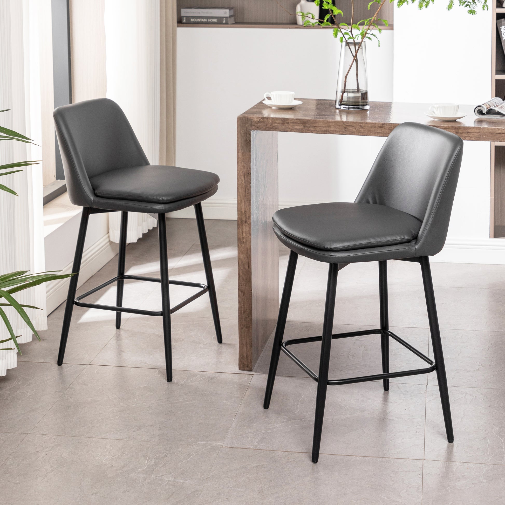 Counter Height Swivel Bar Stools Set Of 2, 360 Swivel Upholstered Barstools With Back And Metal Legs, 25.6" Seat Height,Counter Stools For Kitchen Island And Pub,Faux Leather,Grey Dark Grey Set Of 2