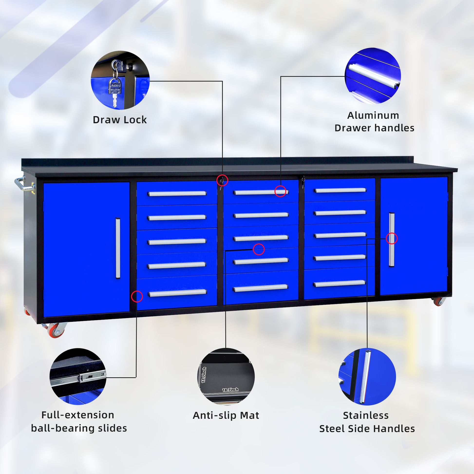 10Ft Storage Cabinet With Work Bench 15 Drawers & 2 Cabinets Blue Blue Steel