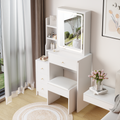 Small Size Left Bedside Cabinet Vanity Table Cushioned Stool, Extra Large Touch Control Sliding Led Mirror, Tri Color Switching, Brightness Adjustable, Suitable For Girls No More Than 5.6Ft Tall White American Design Mdf