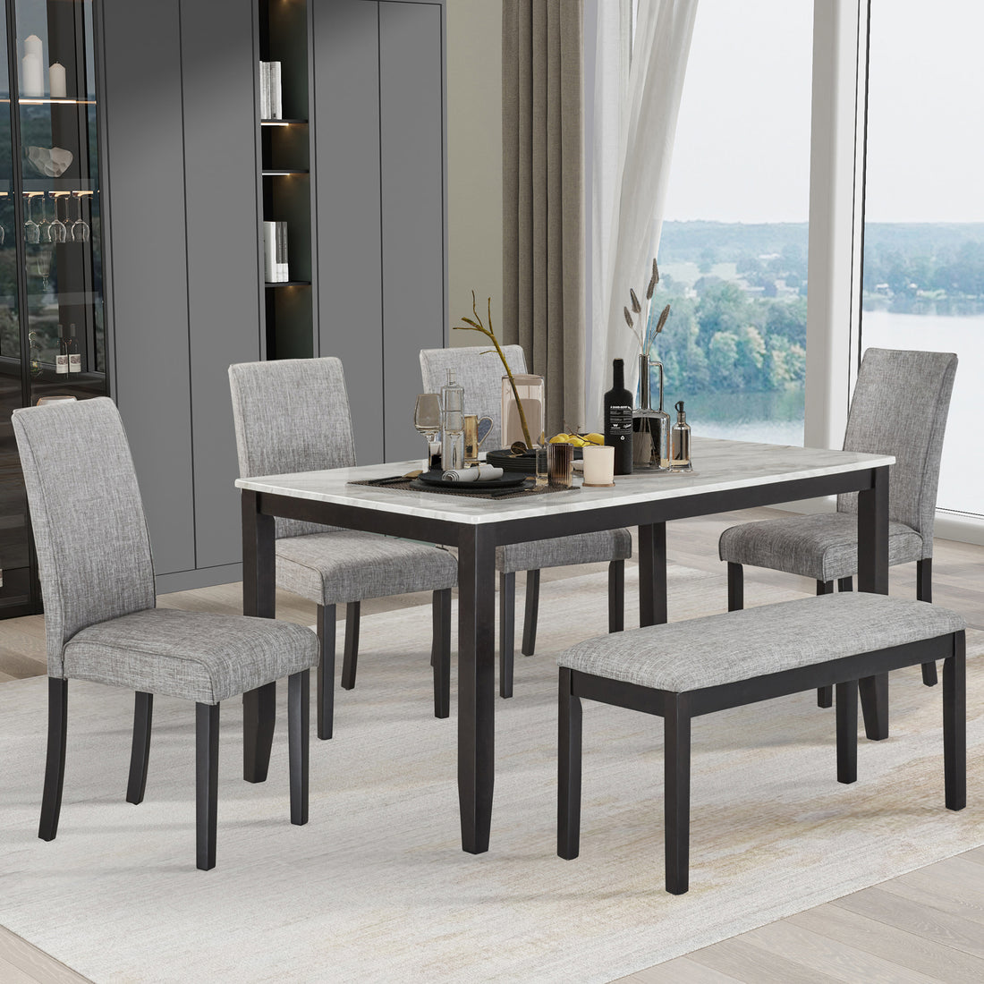 Faux Marble Dining Rectangular Table With Bench, Kitchen Table With Bench For Small Space, 6 Person Wood Dining Table, White Dark Espresso Gray Upholstered Chair Faux Marble White Dark Espresso Gray Seats 6 Wood Dining Room Rectangular 4 Leg Rectangular