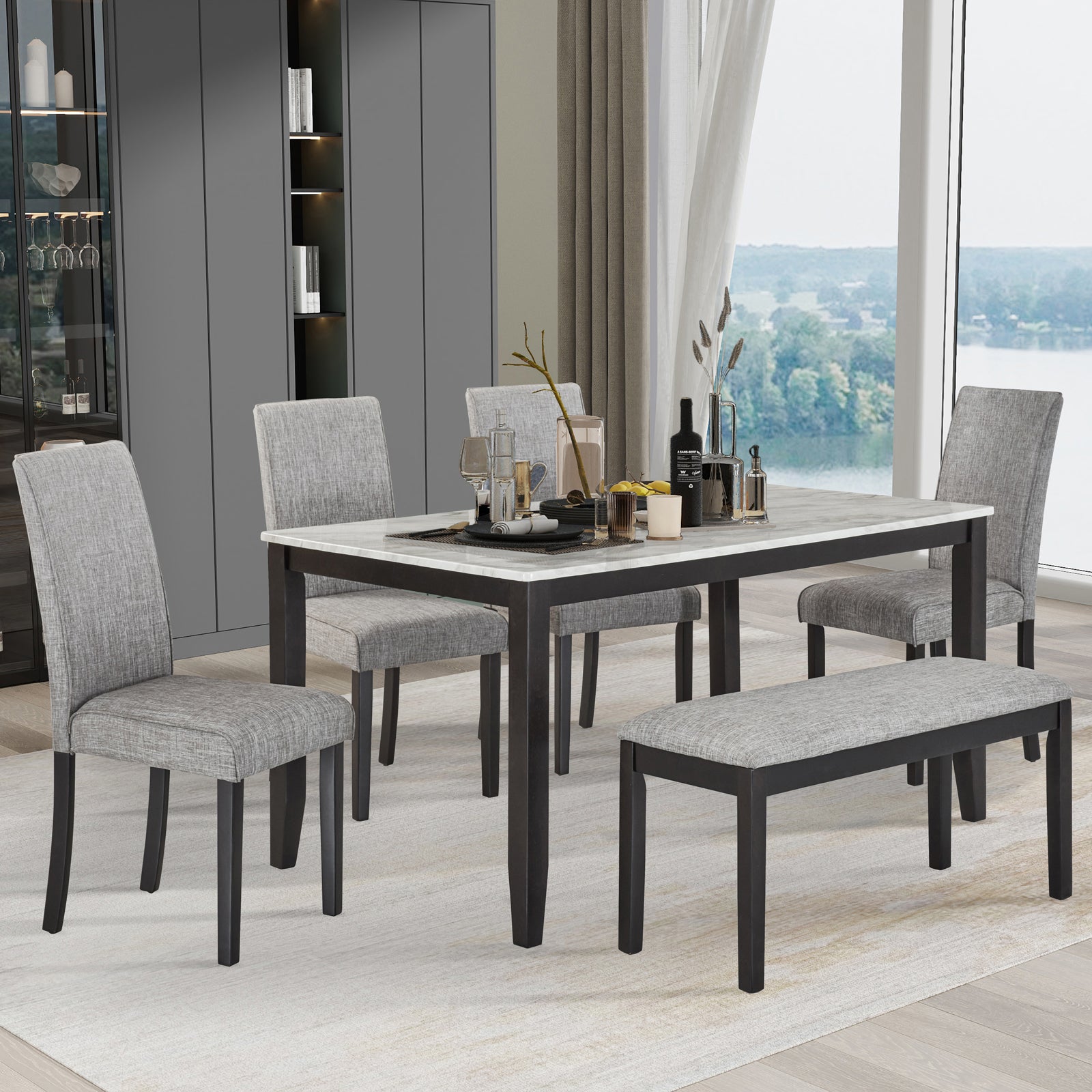 Faux Marble Dining Rectangular Table With Bench, Kitchen Table With Bench For Small Space, 6 Person Wood Dining Table, White Dark Espresso Gray Upholstered Chair Faux Marble White Dark Espresso Gray Seats 6 Wood Dining Room Rectangular 4 Leg Rectangular