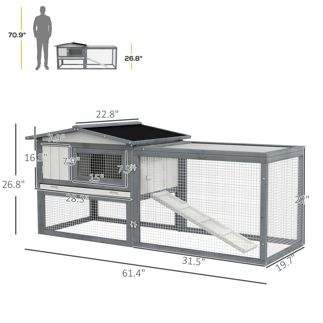 Pawhut Large Rabbit Hutch Outdoor, 2 Tier 61" L Rabbit Cage With Run Feeding Trough Wooden Guinea Pig Hutch With Removable Tray, Ramp, Asphalt Roof, For 1 2 Rabbits, White White Wood