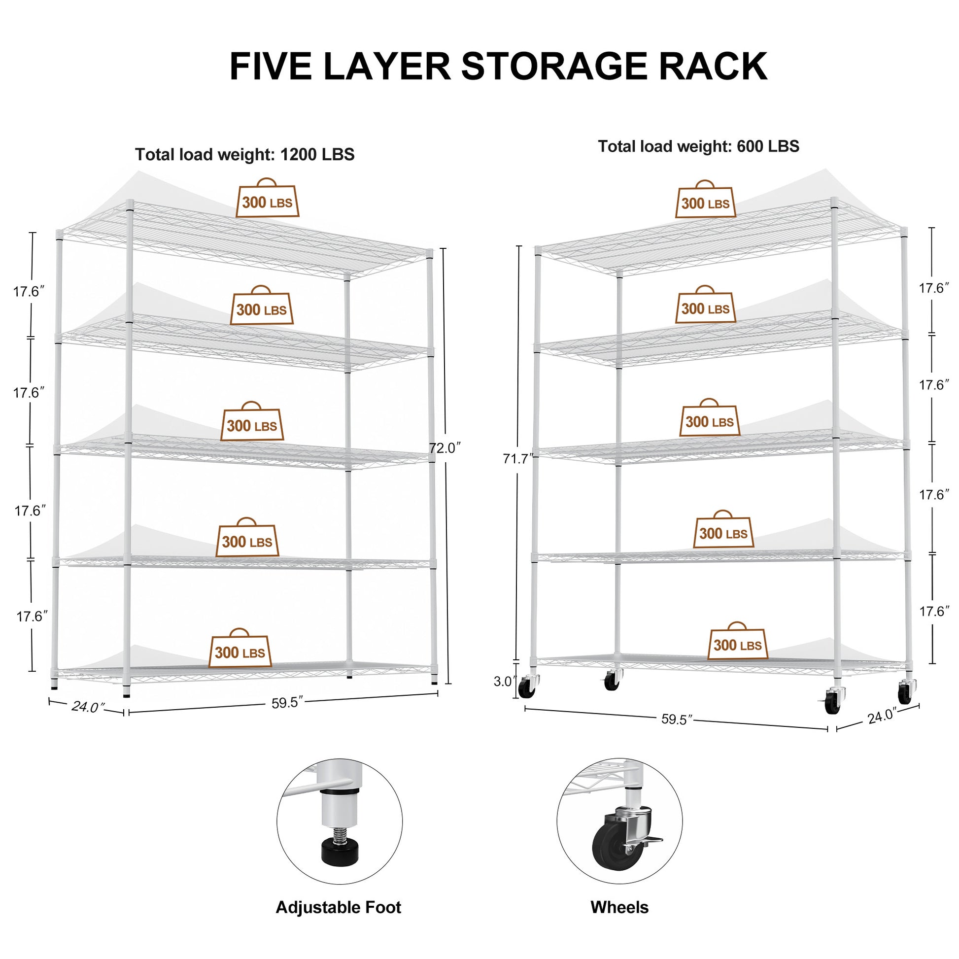 5 Tier Heavy Duty Adjustable Shelving And Racking, 300 Lbs. Per Wire Shelf, With Wheels And Shelf Liners, For Warehouses, Supermarkets, Kitchens, Etc. 59.45 "L 24.02 "W 71.65 "H,White White Steel