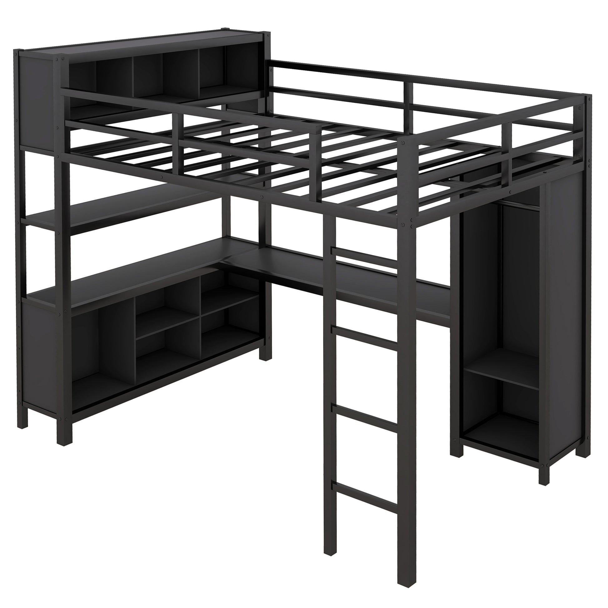 Metal Loft Bed With Wardrobe And L Shaped Desk, Full Size Loft Bed With Storage Cubes And Shelves, Heavy Duty Loft Bed For Kids Teens Adults, Black Pre Sale Date: August 10Th Full Black Metal