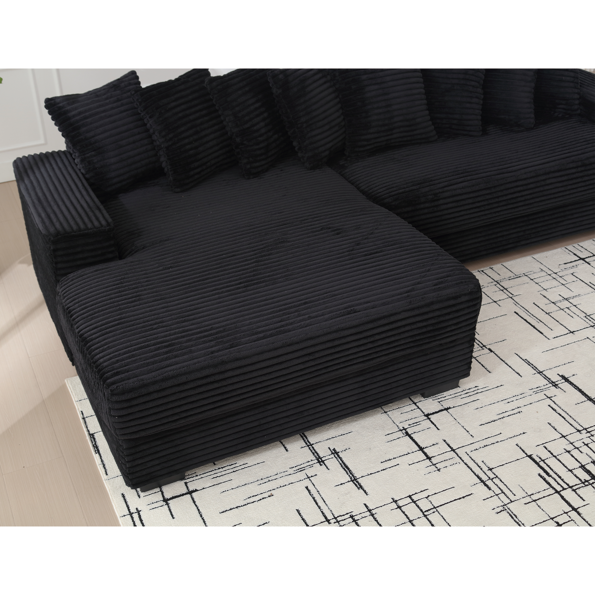 Arrived Oversized Two Piece Couches, L Shaped Sofa, Corduroy, Left Chaise Daybed,With Armrests,Eight Throw Pillows,Corner Sofa,Easy To Assemble, Black Black Polyester Wood Primary Living Space