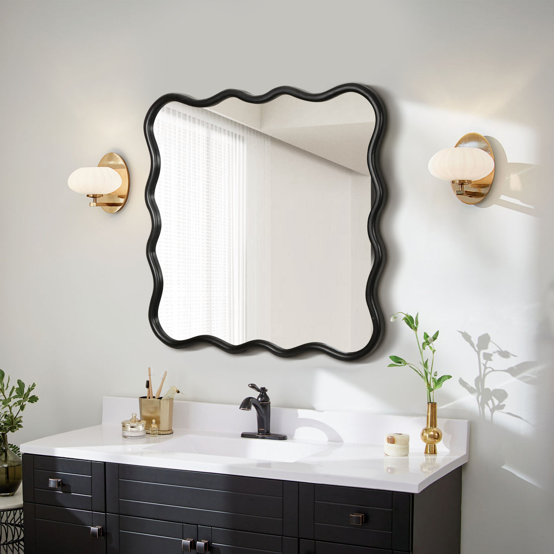 Solid Wood Wavy Square Mirror Black 36" X 36" Modern Mirror Wall Decor For Bathroom, Bedroom, Living Room, Dining Room, Cloakroom, Entryway Black Glass Solid Wood