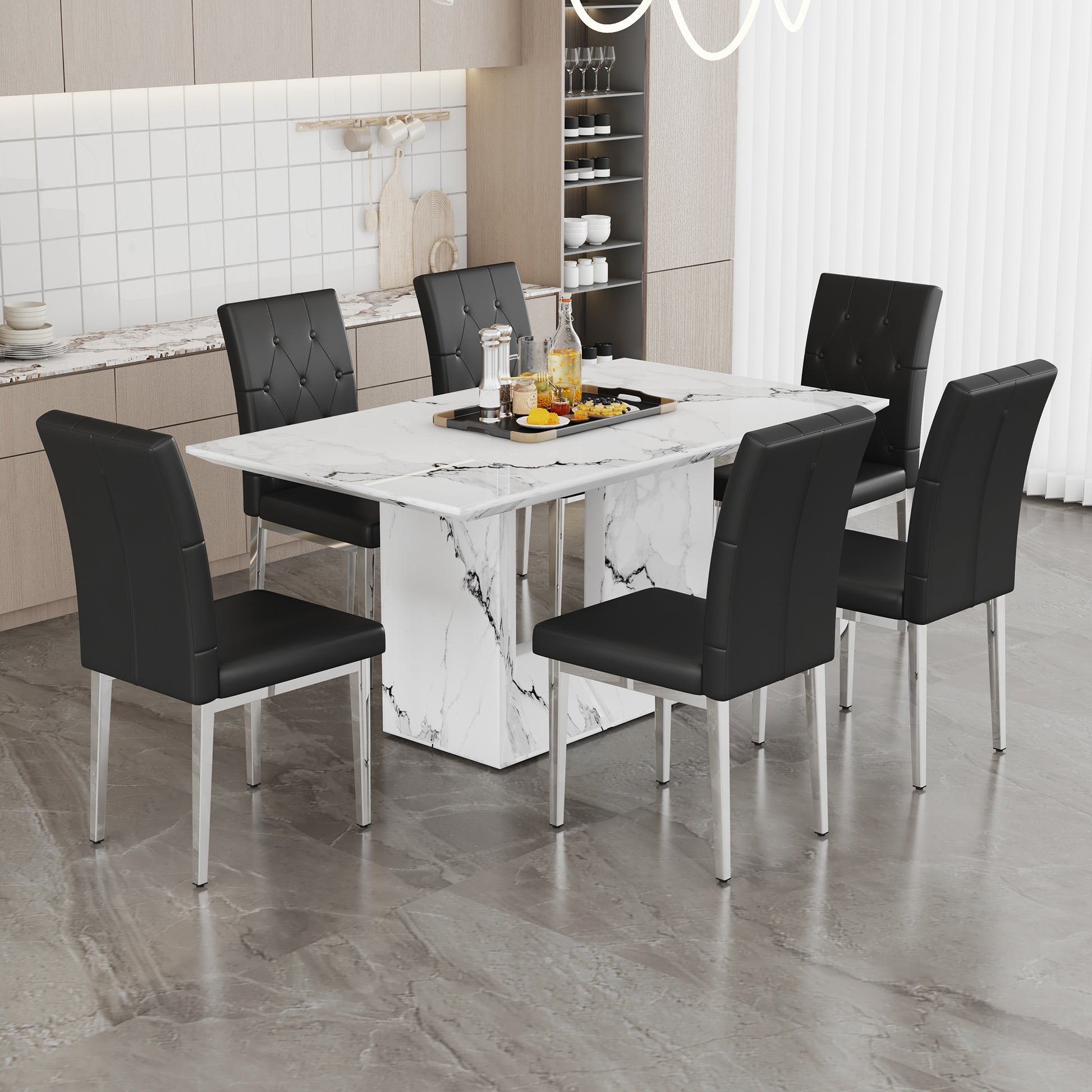 Table And Chair Set.63"X35.4" White Marble Patterned Mdf Dining Table Set With 6 Armless Black Pu Chairs.Showcasing A Modern And Stylish Look. Black,White Seats 6 Mdf Metal