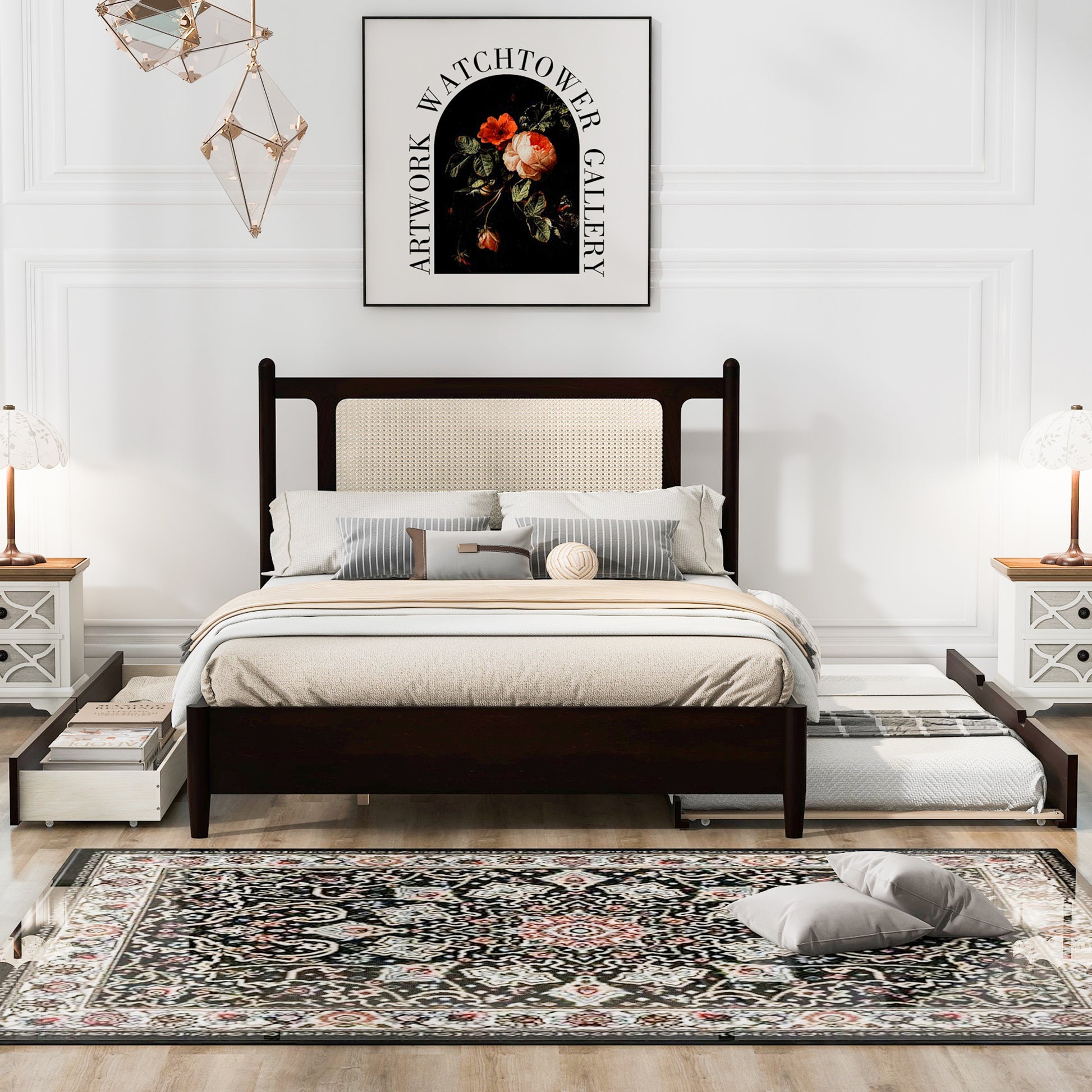 Queen Size Wooden Rattan Platform Bed, With 2 Big Drawers, T Size Trundle, Espresso Queen Espresso Plywood