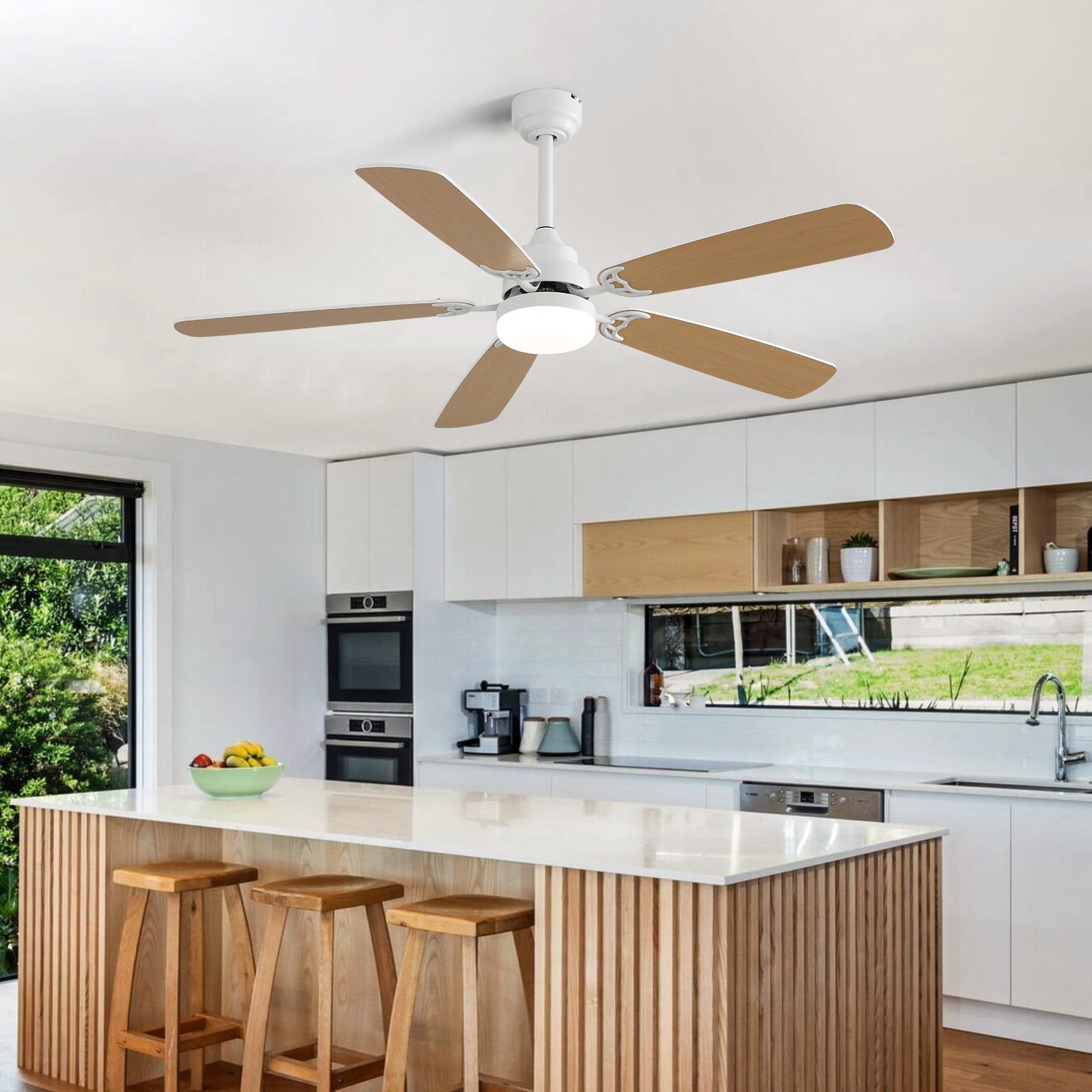 Indoor Modern 52 Inch Ceiling Fan With Dimmable 6 Speed Wind 5 Blades Remote Control Reversible Dc Motor With Led Light White Mdf