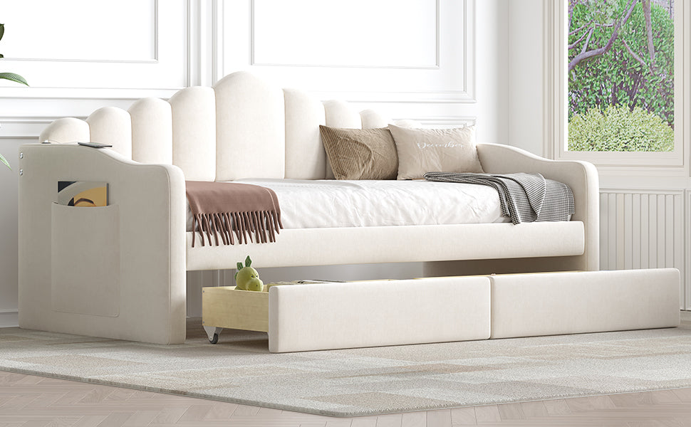 Twin Size Upholstered Daybed With 2 Drawers ,Velvet Sofabed With Usb Charging Ports,No Box Spring Needed,Beige Twin Beige Velvet