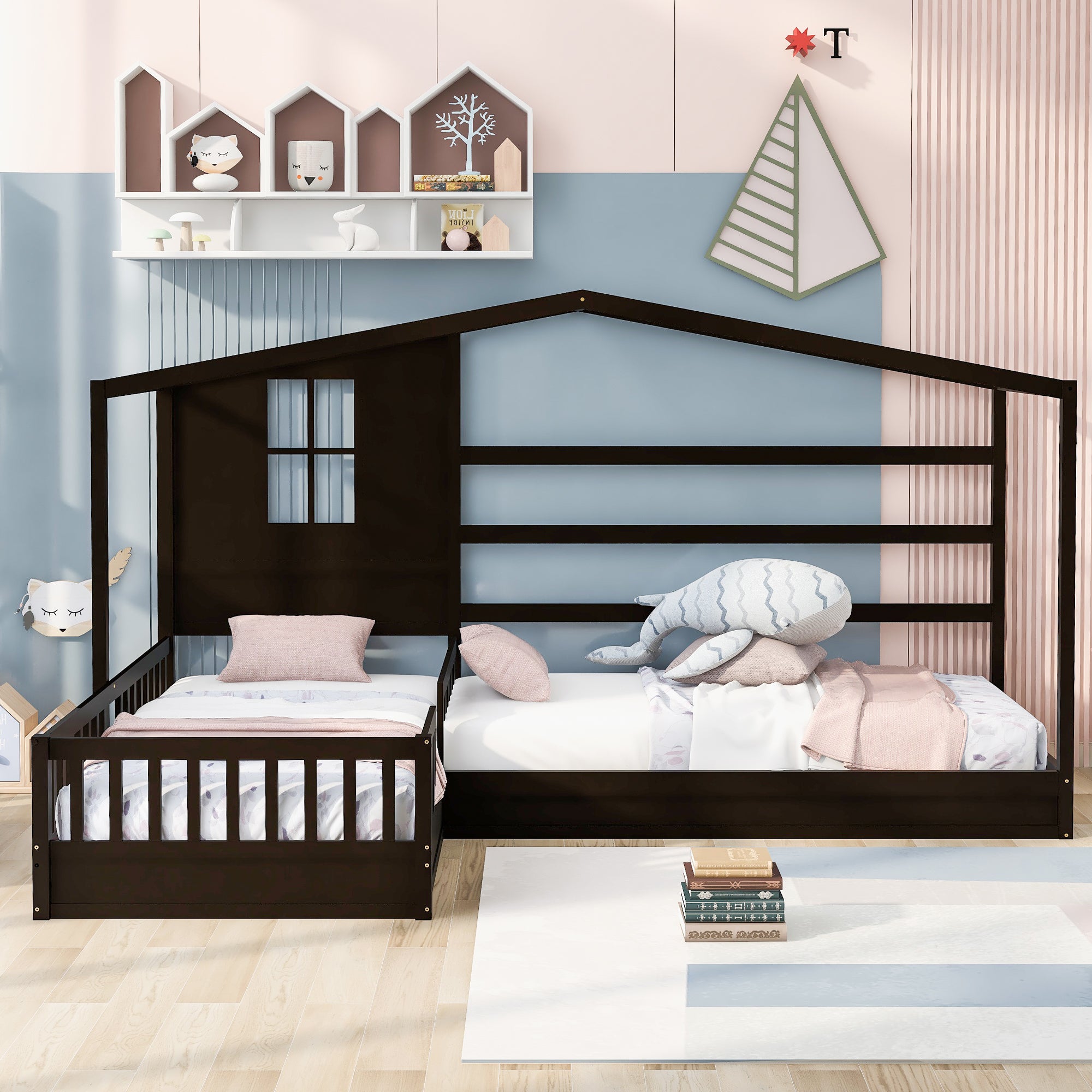 Wood House Bed Twin Size, 2 Twin Solid Bed L Structure With Fence And Slatted Frame, Espresso Twin Espresso Plywood