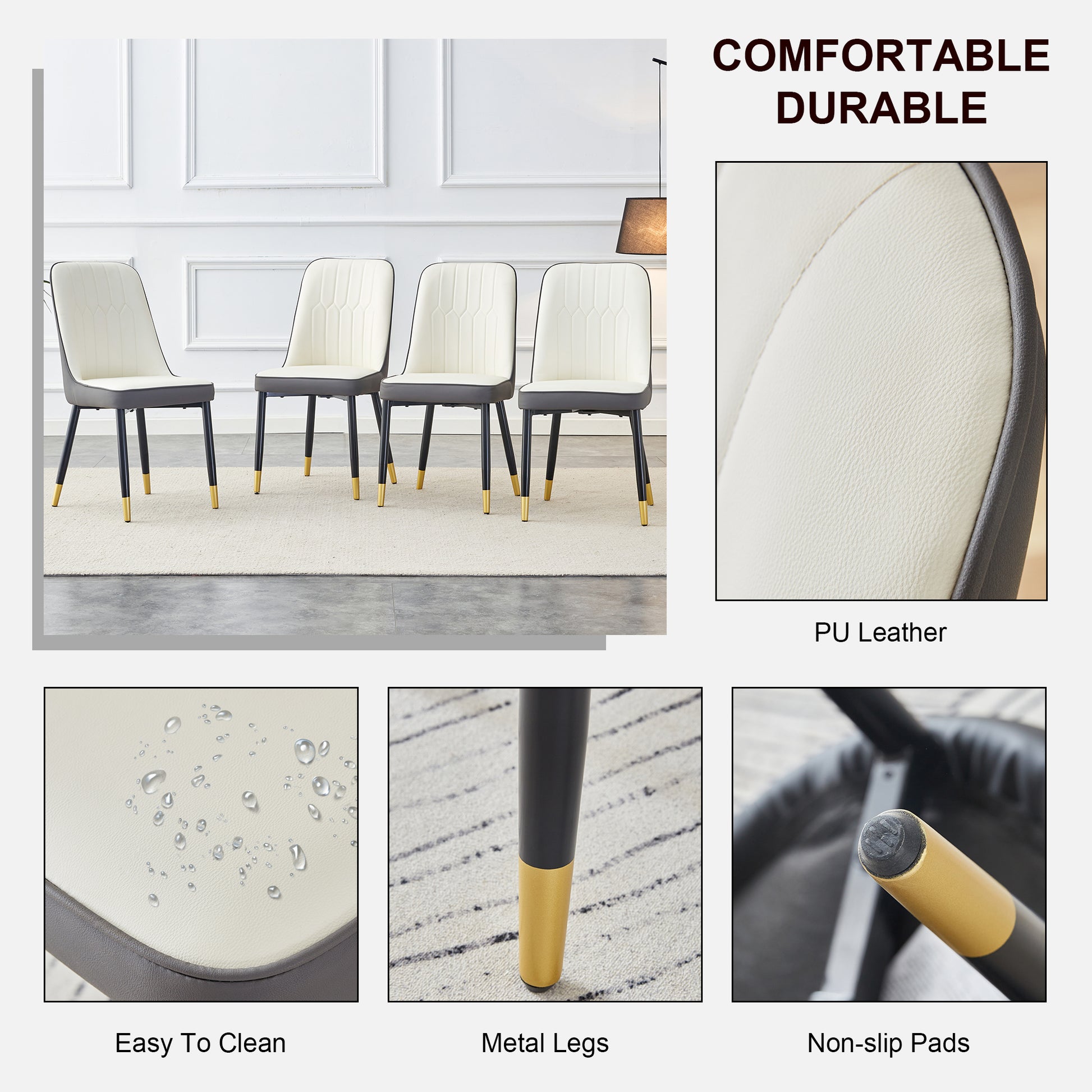 Table And Chair Set.The Table Has A Glass Top With Imitation Marble Pattern Stickers And Stainless Steel Golden Legs. Paried With Chairs With Pu Artificial Leather Backrest Cushions And Black Legs. White Gold Seats 6 Glass Metal