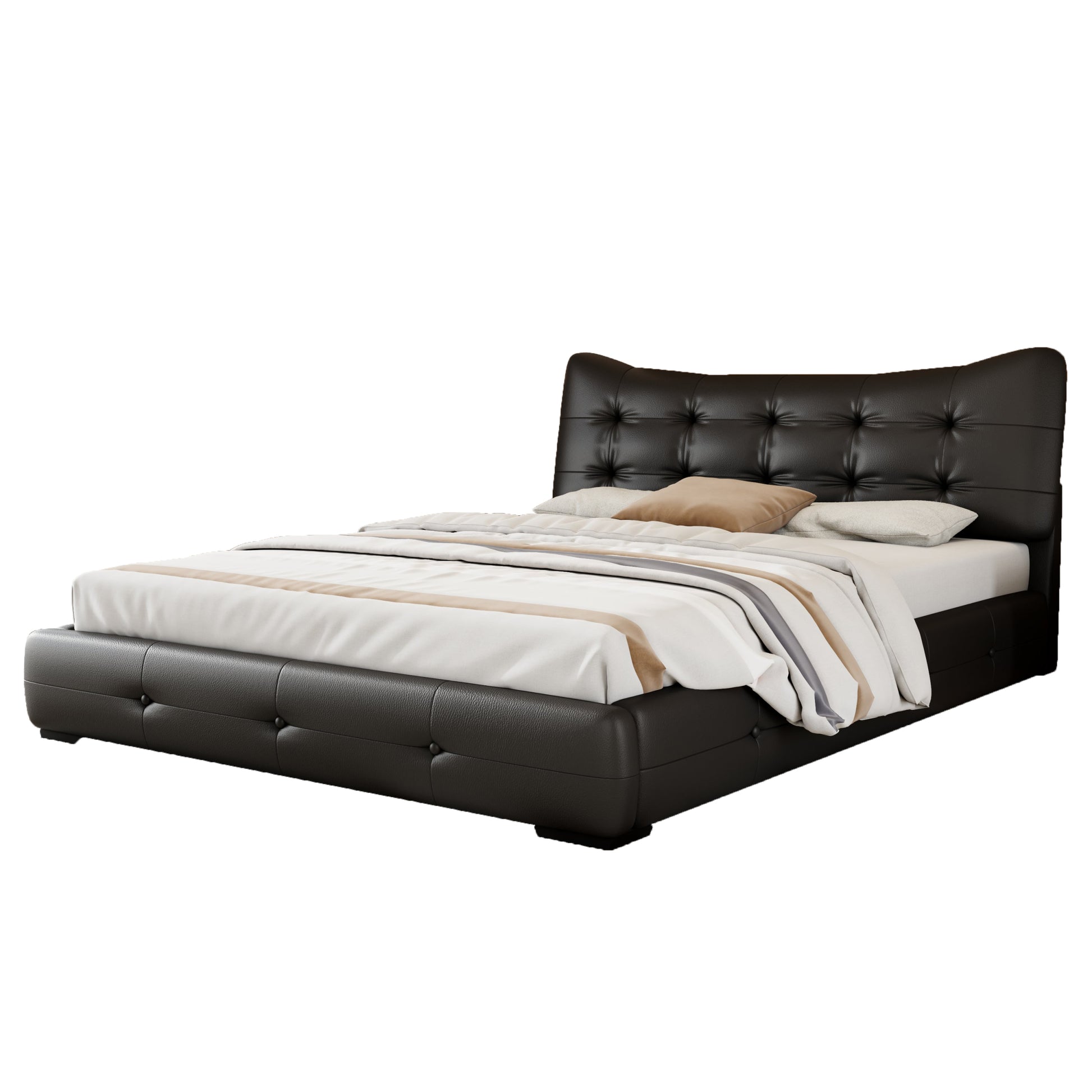 Modern Pu Upholstered Queen Bed With Ergonomic Wingback Headboard, No Box Spring Needed, Black Box Spring Not Required Queen Black Composite Bedroom Contemporary Bed Frame Pu,Upholstered