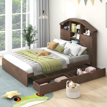 Full Size Wood Platform Bed With House Shaped Storage Headboard And 2 Drawers, Walnut Box Spring Not Required Full Walnut Wood Bedroom Solid Wood Mdf