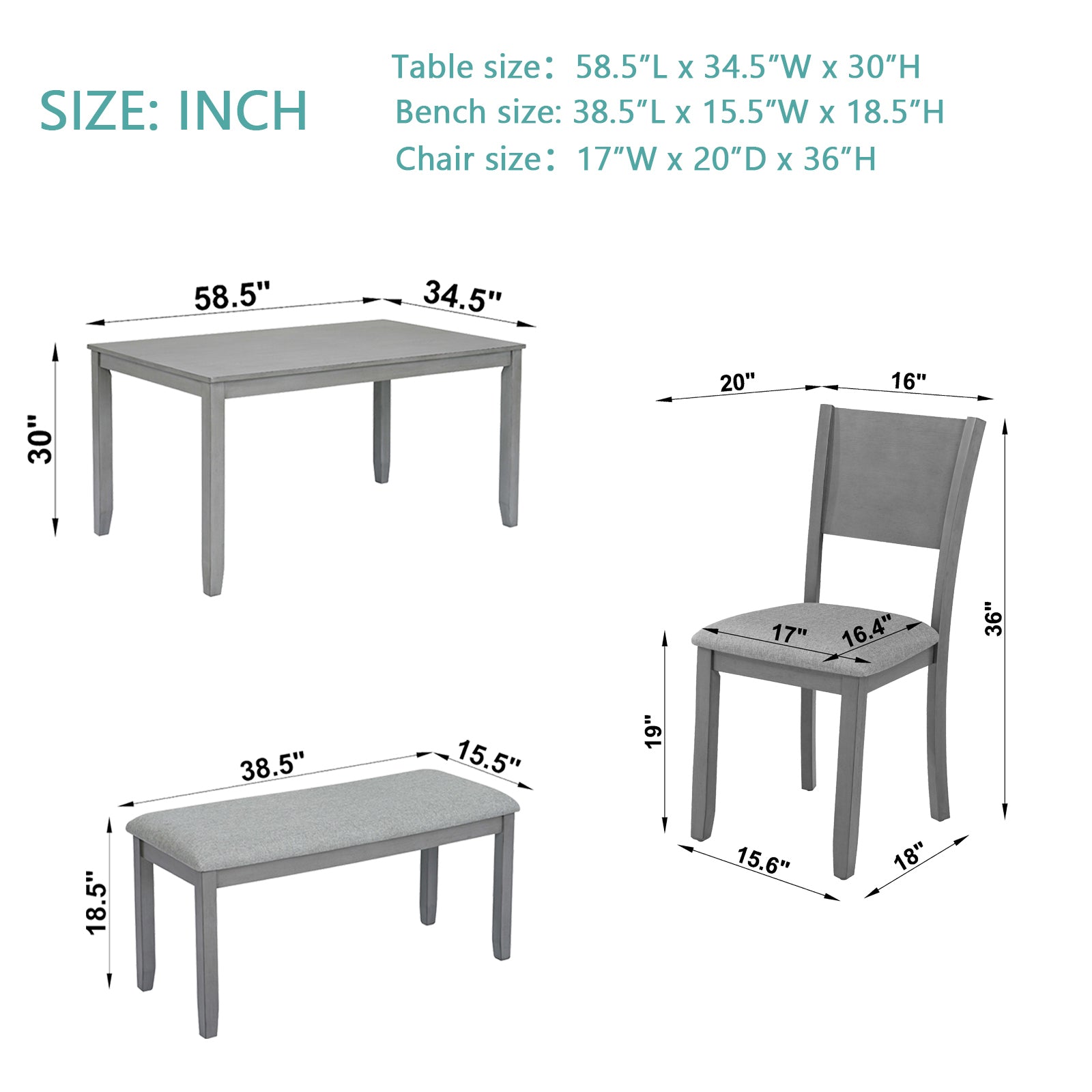6 Piece Kitchen Dining Set, Rectangular Wooden Dining Table With 4 Upholstered Chairs And A Bench, Dining Table Set For 6 People, Living Room, Home Bar And Kitchen, Gray Wood Gray Seats 6 Wood Dining Room Acacia 4 Leg Rectangular Dining Table With Chair