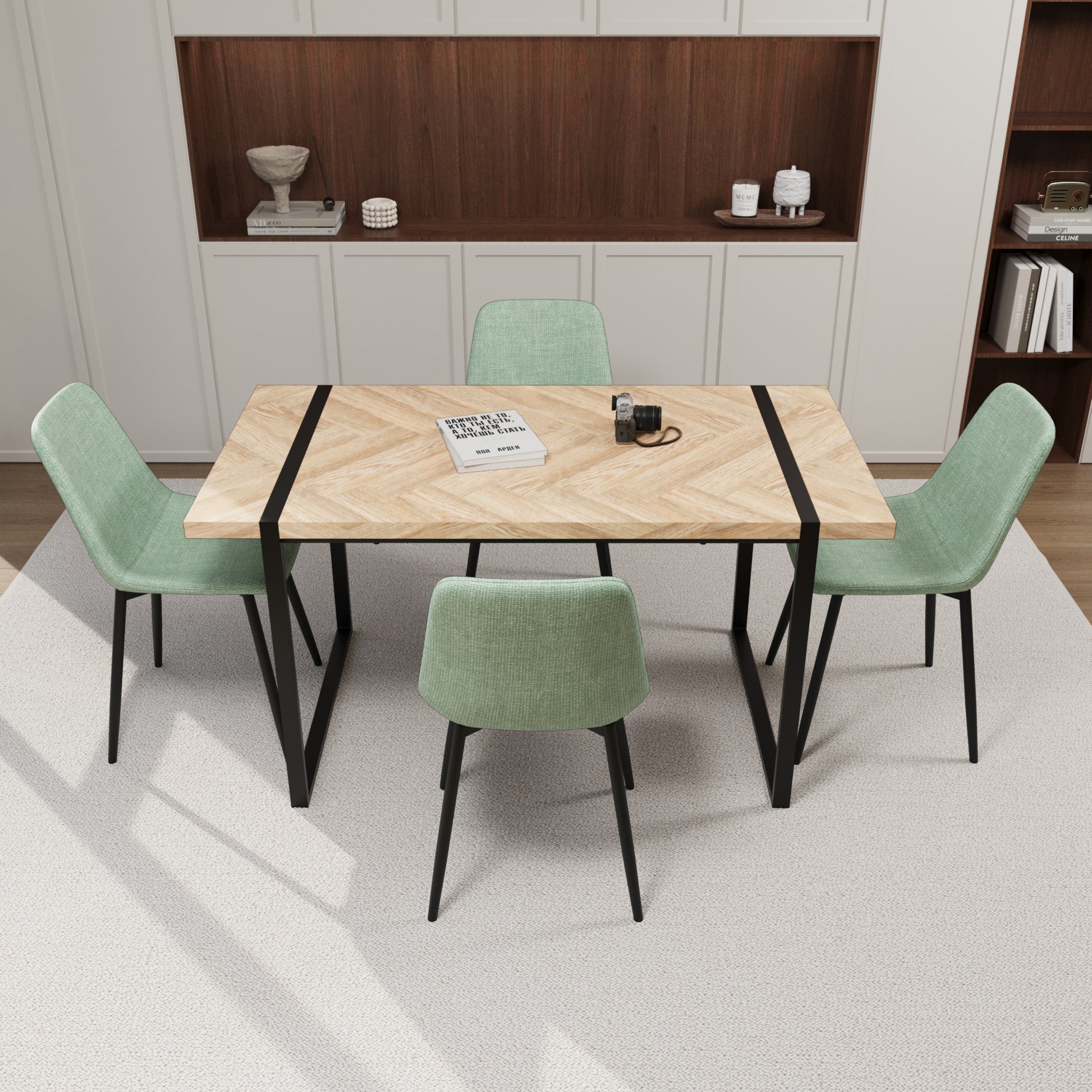 Mdf Light Wood Dining Table And Modern Dining Chair 4 Piece Set, Medieval Wooden Kitchen Dining Table Set, Rectangular Metal Base, Dining Table And Suede Chair Brown Green Mdf