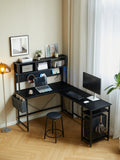 94.5 Inch Home Office Desk L Shape Gaming Desk With Led Storage Shelves Metal Pannel And Stool Black Black Marble Metal