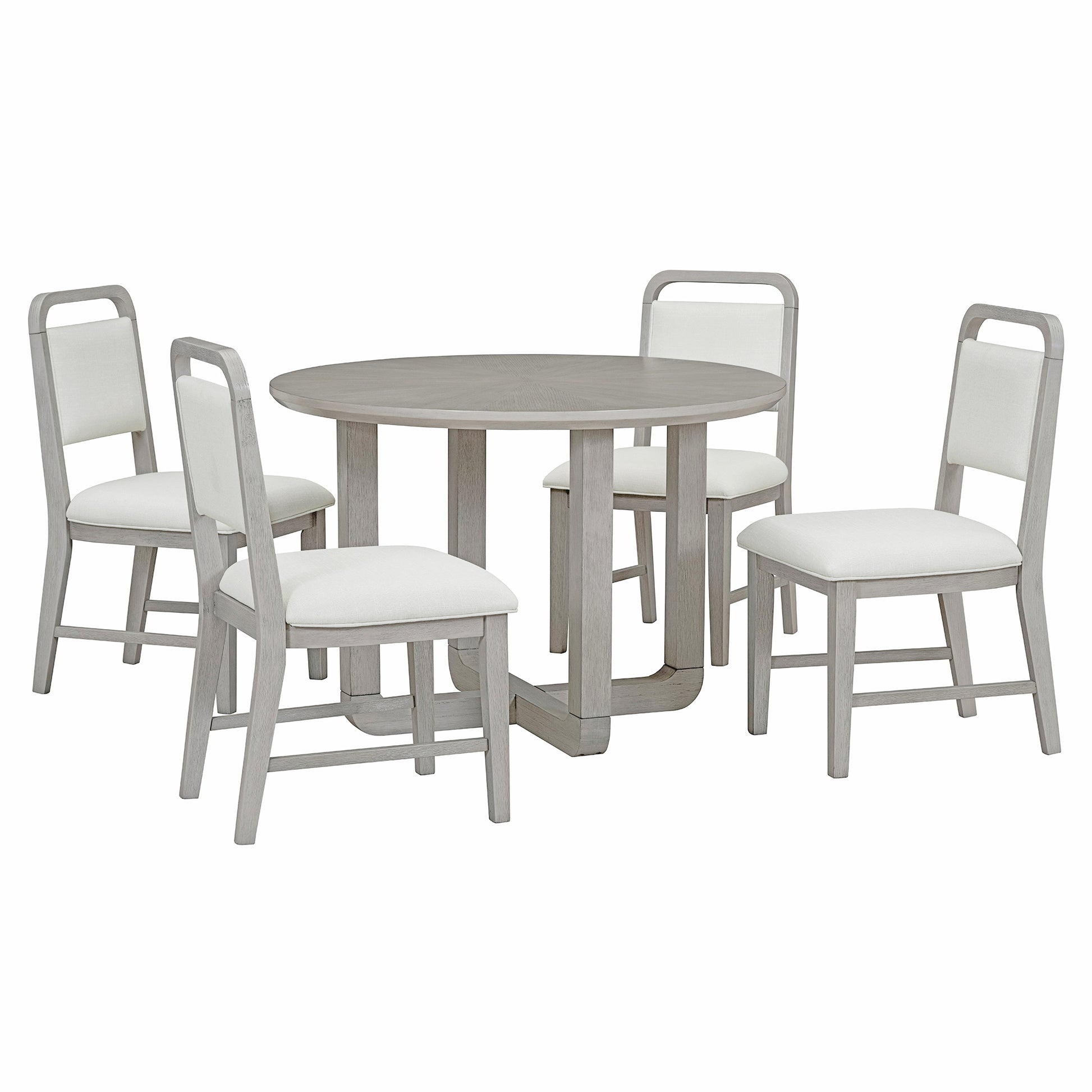 5 Piece Retro Dining Set, Round Table Top With Radial Wood Grain Design And 4 Upholstered Chairs For Dining Room And Kitchen Antique Gray Antique Gray Solid Wood Mdf