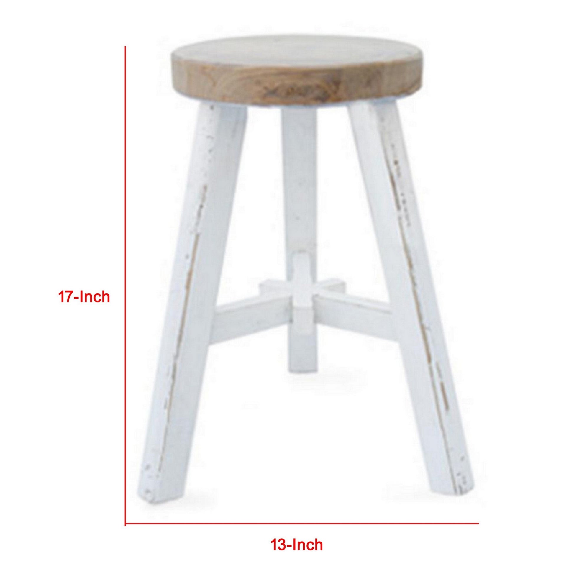 17 Inch Accent Stool, Round Brown Seat, Hand Painted White Tripod Legs Brown White Wood