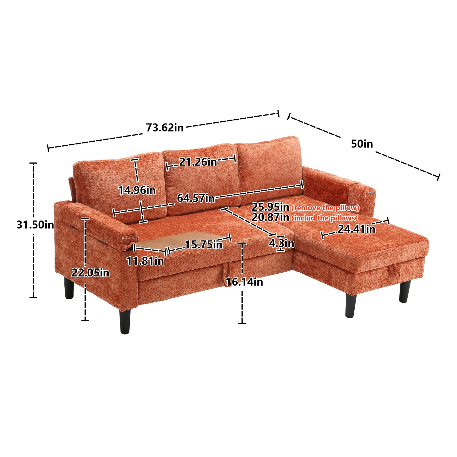 United Sectional Sofa Reversible Sectional Sleeper Sectional Sofa With Storage Chaise Orange Chenille