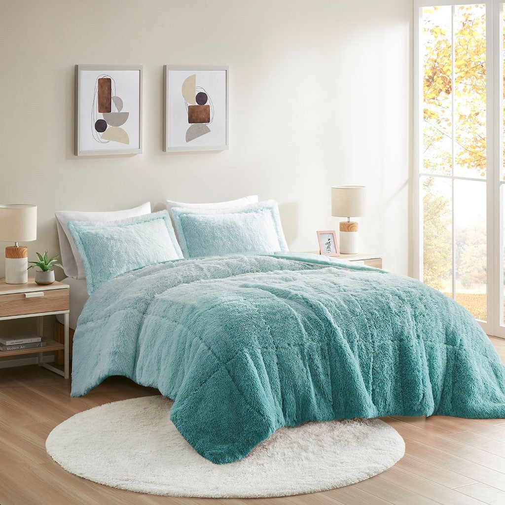 Ombre Shaggy Long Fur Comforter Mini Set Full Aqua Polyester