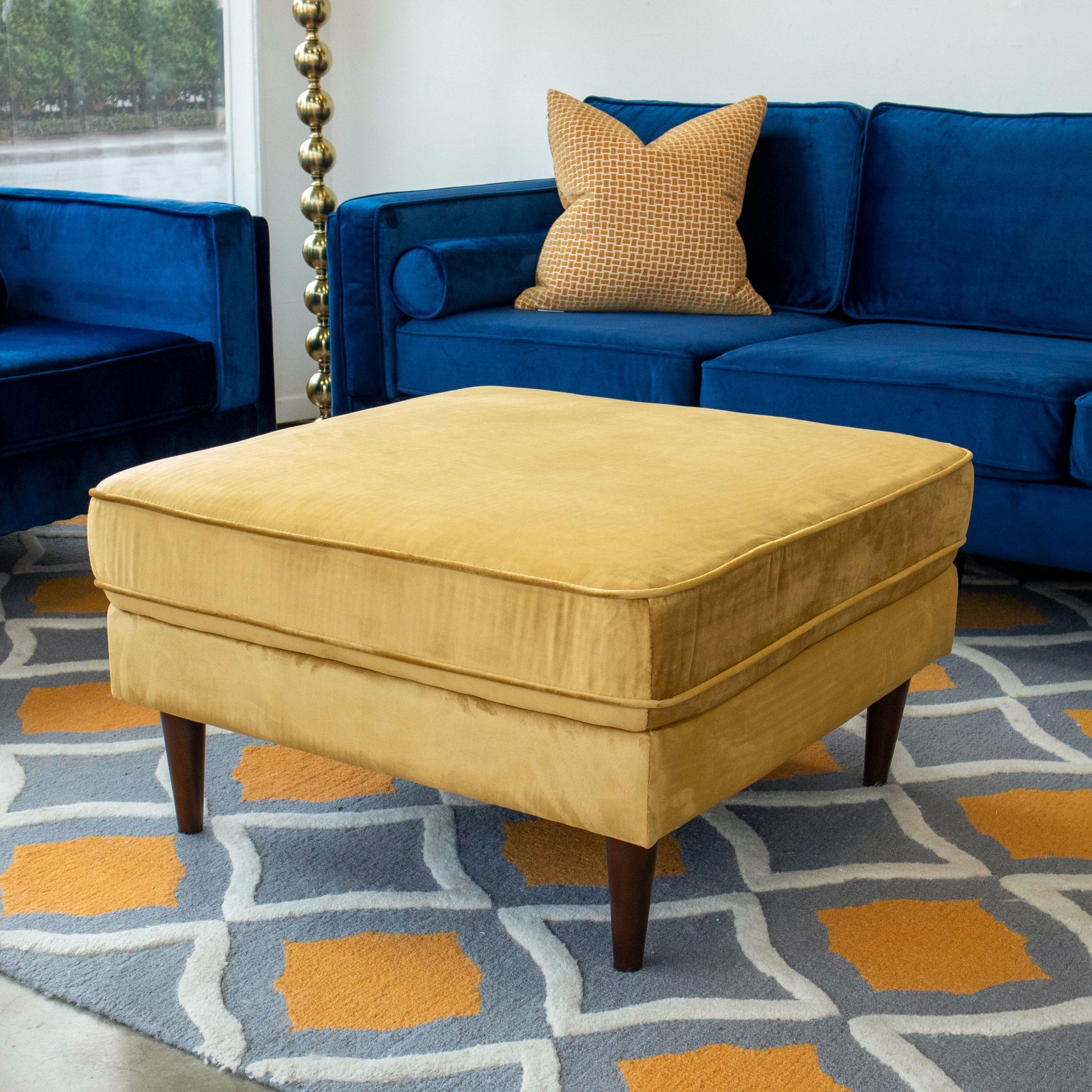 Amber Square Upholstered Ottoman Yellow Velvet Yellow Brown Velvet Medium Firm Backless Solid Yellow Mid Century Modern Square Armless Foam Solid Wood,Velvet