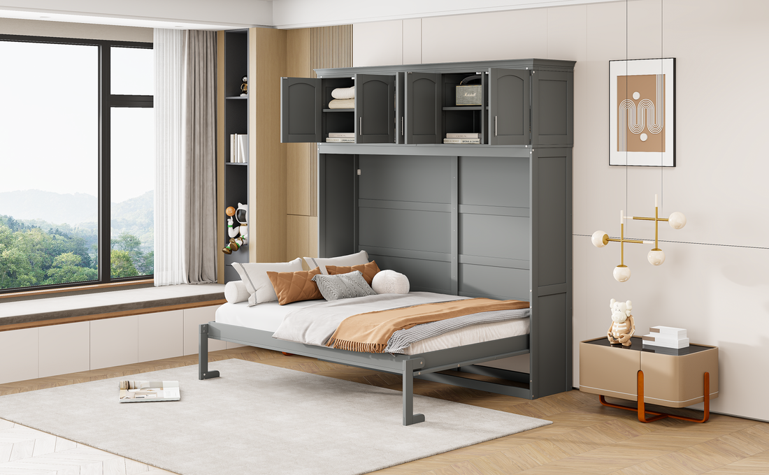 Full Size Murphy Bed Wall Bed With Top Cabinets,Gray Full Gray Plywood