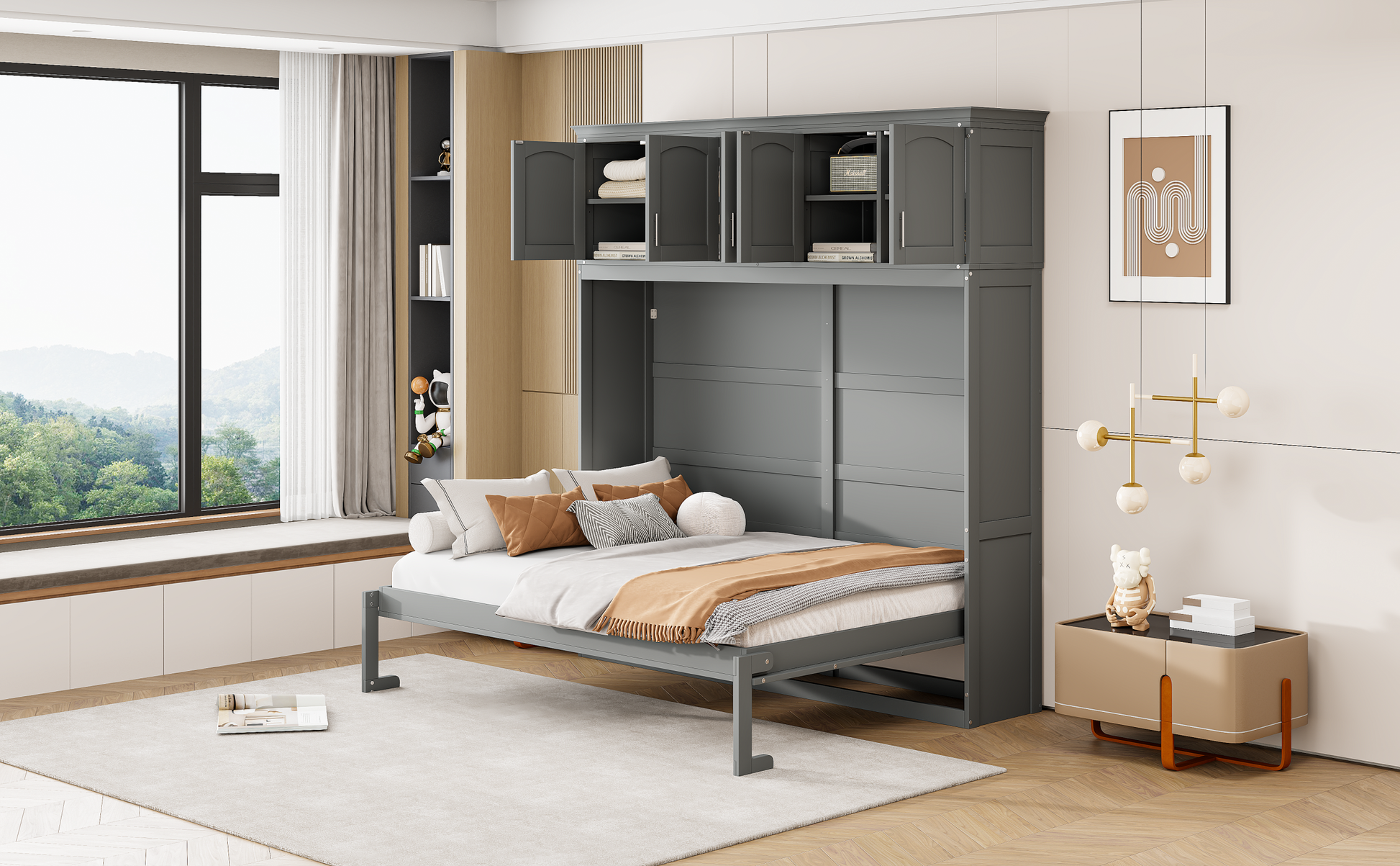 Full Size Murphy Bed Wall Bed With Top Cabinets,Gray Full Gray Plywood