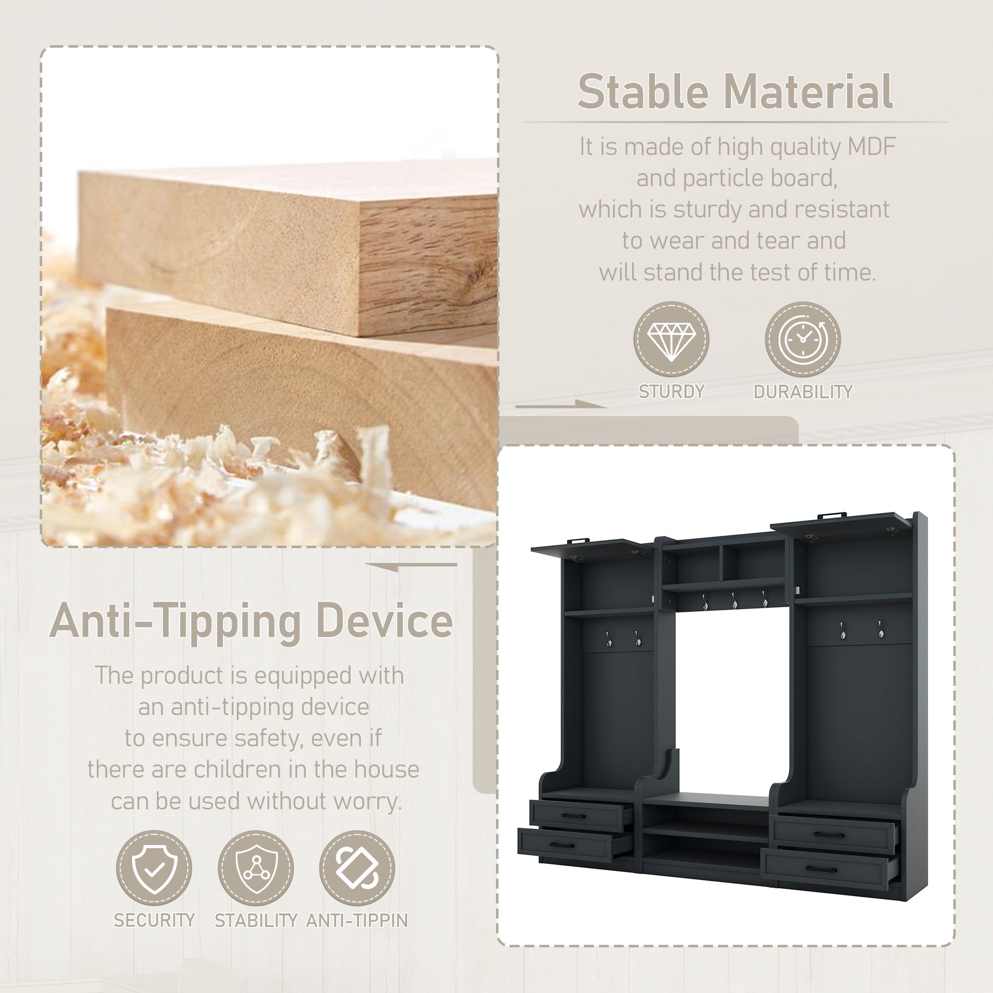 4 In 1 Detachable Hall Tree With Storage And 7 Hooks, Multiple Functions Hallway Coat Rack With Storage Drawers And Cabinet, Antique Blue Shoe Bench For Entryway Hallway Antique Blue Particle Board