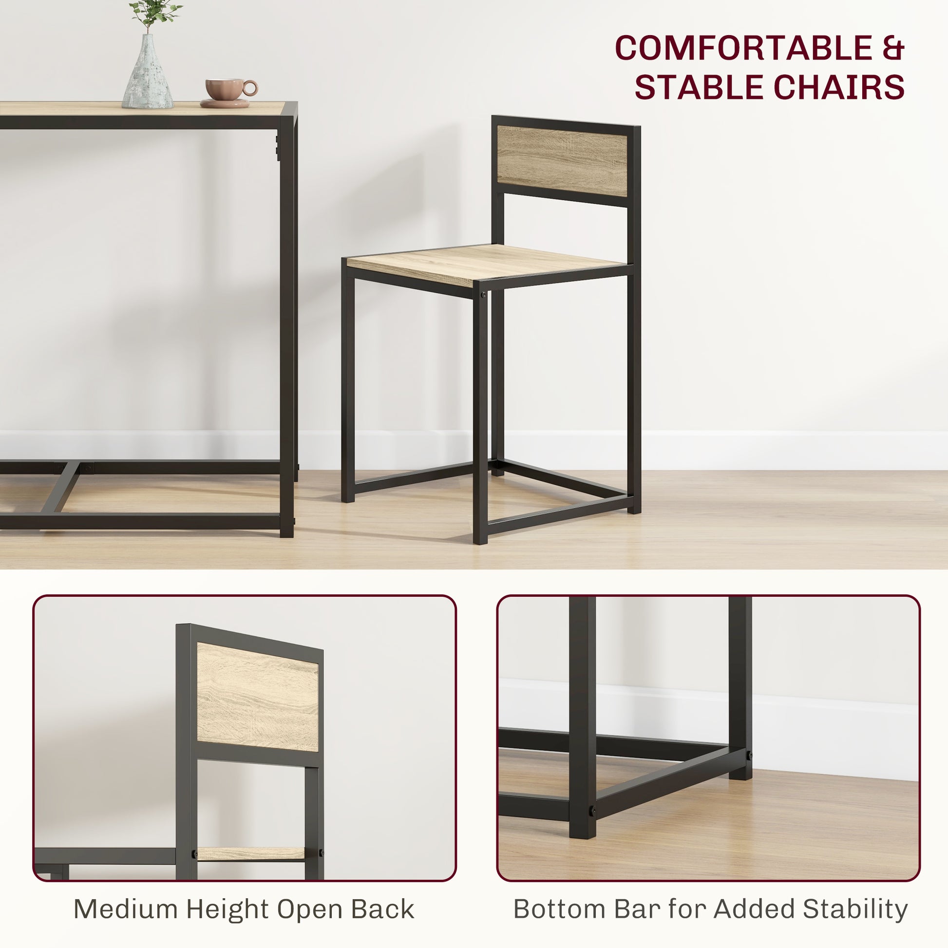 Homcom 3 Piece Industrial Dining Table Set For 2, Kitchen Table And Chairs, Dining Room Sets For Small Spaces, Oak Oak Mdf