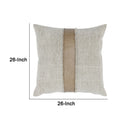 26 X 26 Throw Pillow, Pieced Fabric, Cotton, Leather, Frayed Fringes, Gray Grey Brown Cotton