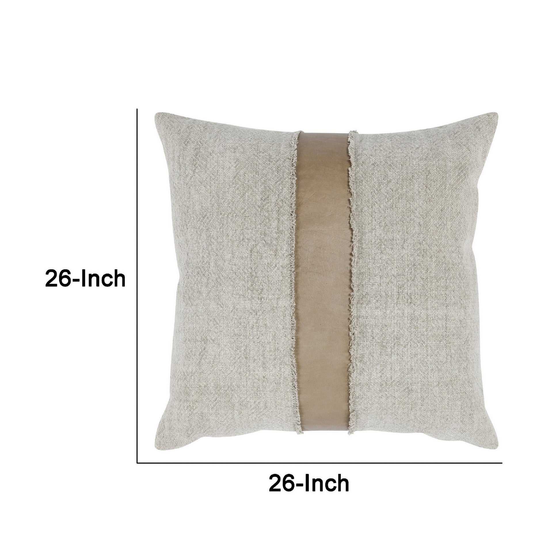 26 X 26 Throw Pillow, Pieced Fabric, Cotton, Leather, Frayed Fringes, Gray Grey Brown Cotton