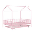 Full Size Metal House Bed With Fence, With Trundle, Pink Full Pink Metal