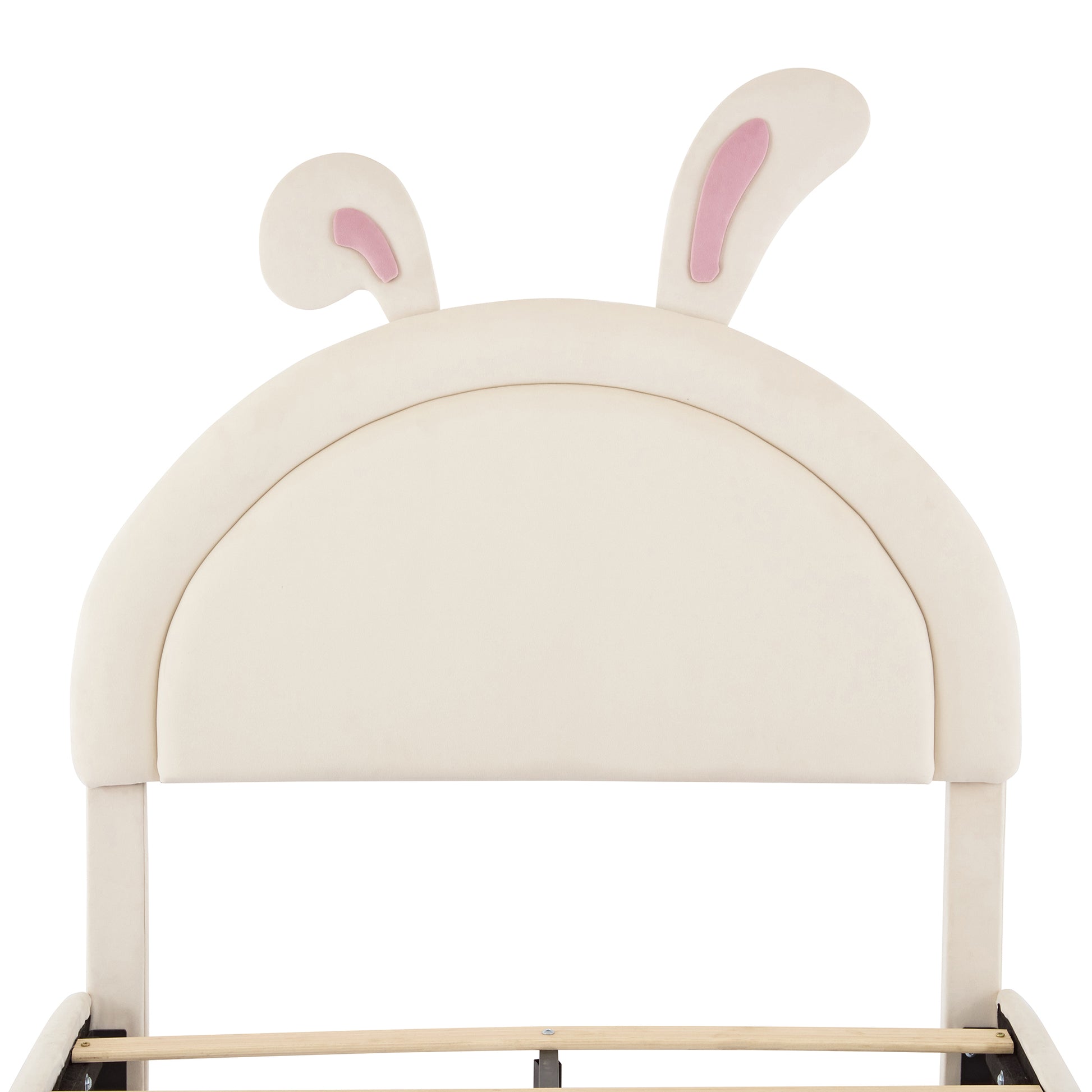 Twin Size Upholstered Rabbit Shape Bed With 2 Storage Stools, Velvet Platform Bed With Cartoon Ears Shaped Headboard, White Twin White Wood