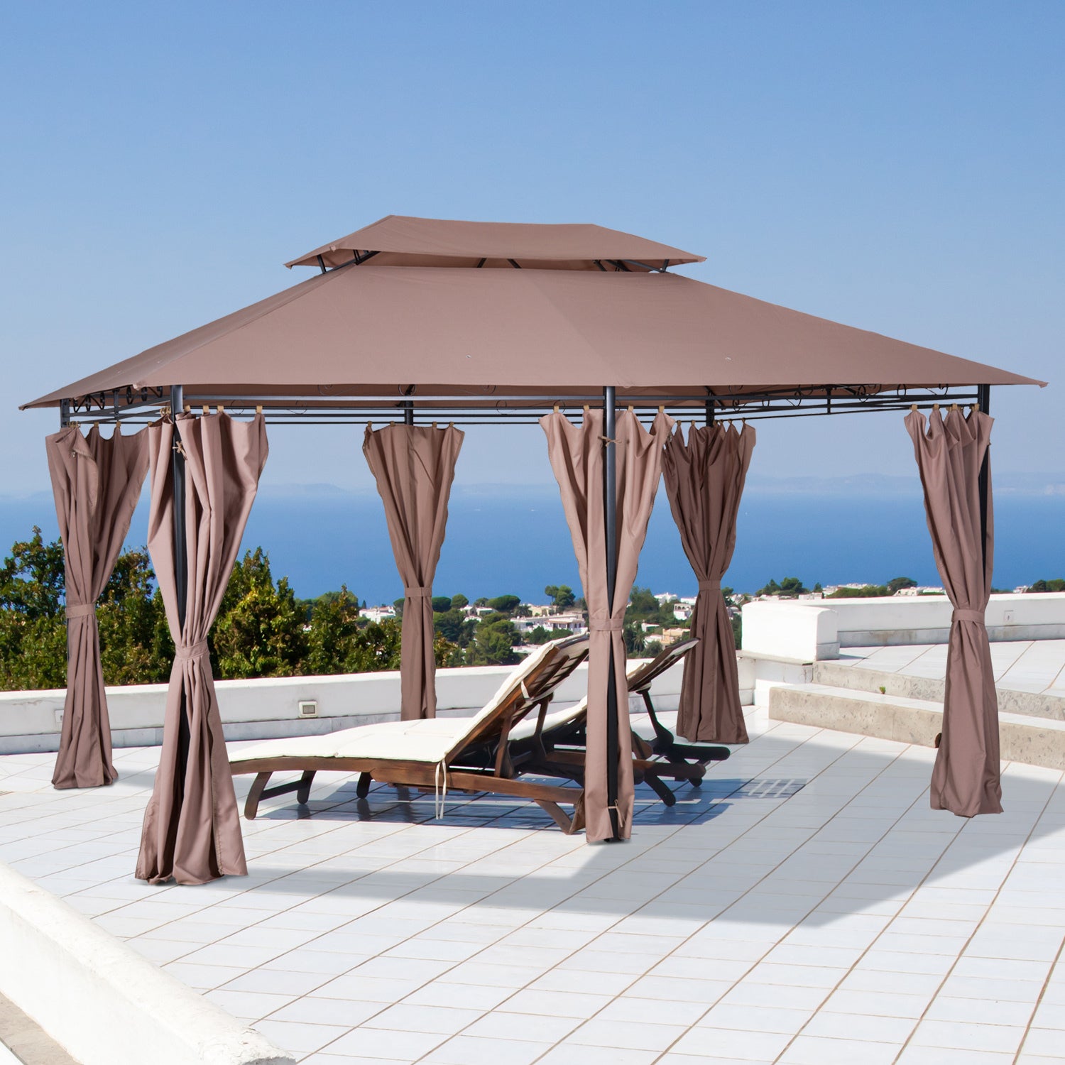 Outsunny 10' X 13' Patio Gazebo, Outdoor Gazebo Canopy Shelter With Curtains, Vented Roof, Steel Frame For Garden, Lawn, Backyard And Deck, Khaki Khaki Steel
