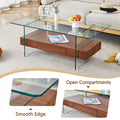 43.3 Inch Modern Two Tier Coffee Table Clear Tempered Glass And Dark Wood Grain, Multifunctional Storage Design.The Bottom Tier Includes A Drawer.Can Be Used As A Coffee Table,Side Table,Etc.
