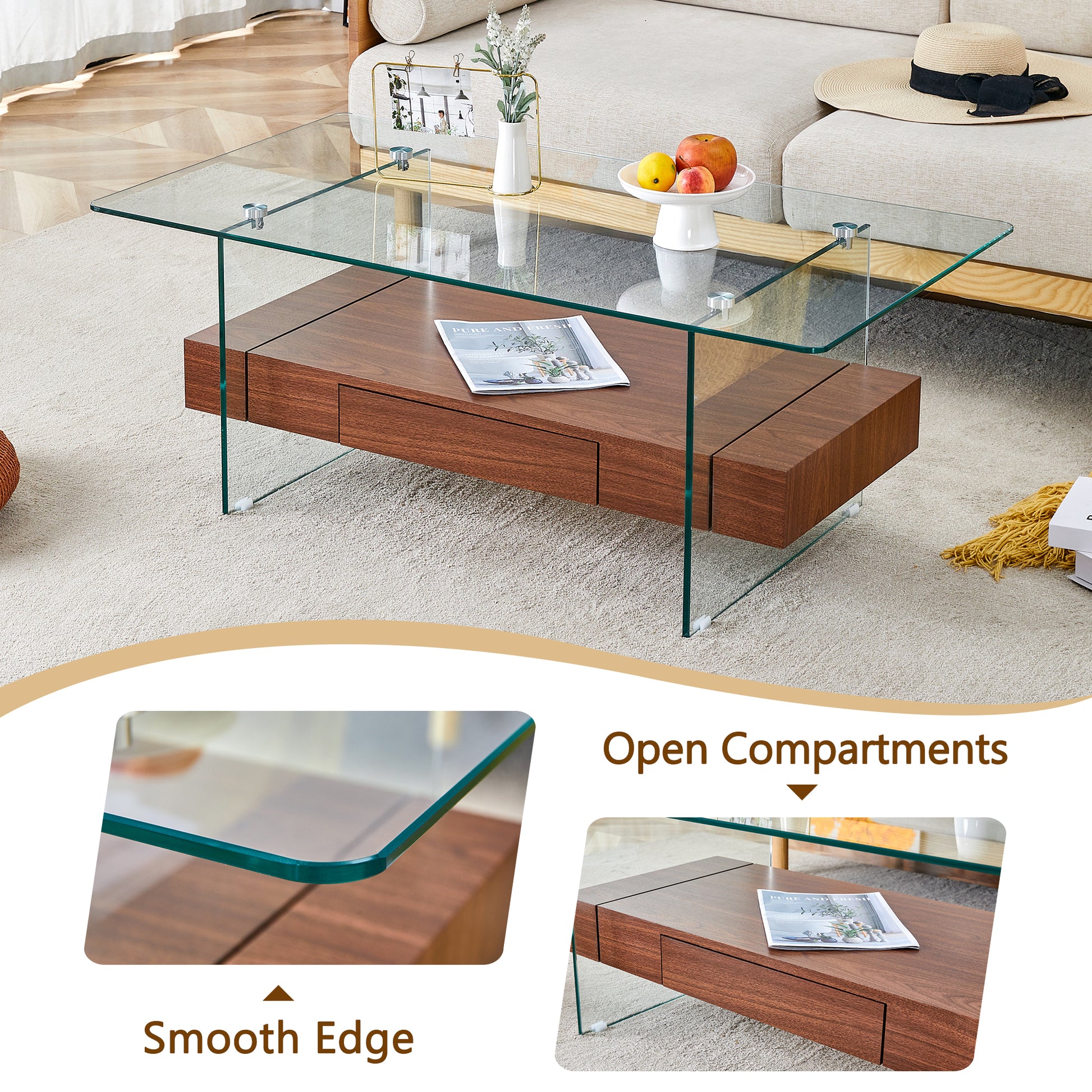 43.3 Inch Modern Two Tier Coffee Table Clear Tempered Glass And Dark Wood Grain, Multifunctional Storage Design.The Bottom Tier Includes A Drawer.Can Be Used As A Coffee Table,Side Table,Etc.