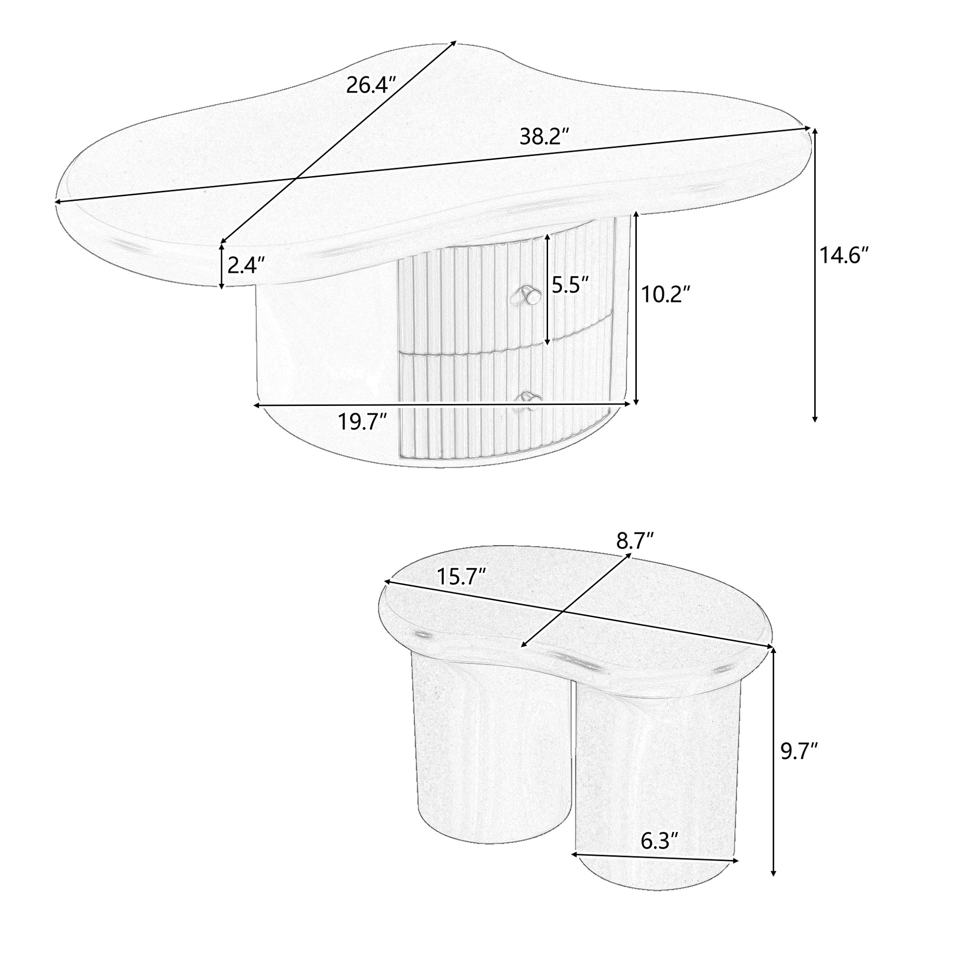 Cloud Coffee Table Set Of 3, Irregular Shape Coffee Table With 2 Drawers, 2 Small Stools For Living Room White Mdf