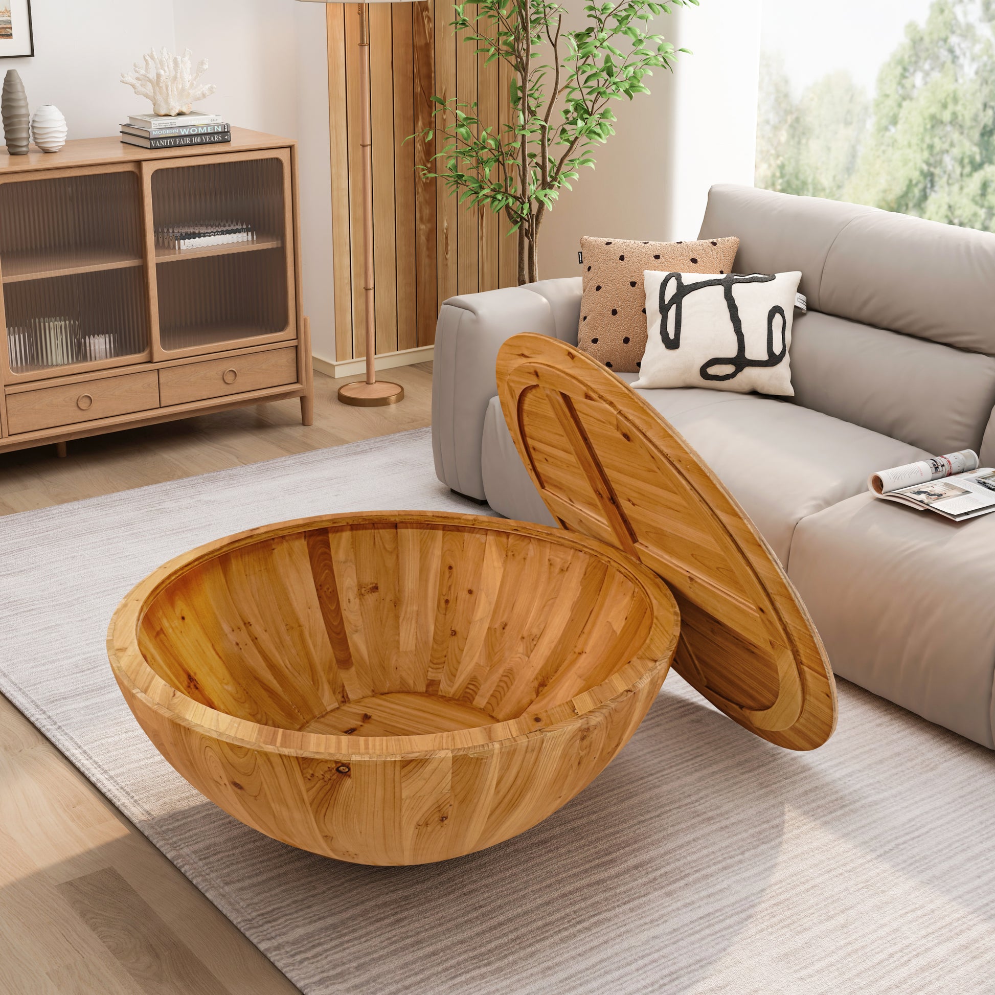 35.43"Vintage Style Bucket Shaped Coffee Table For Office, Dining Room And Living Room,Natural Same Sku:W757119054 Natural Solid Wood Mdf