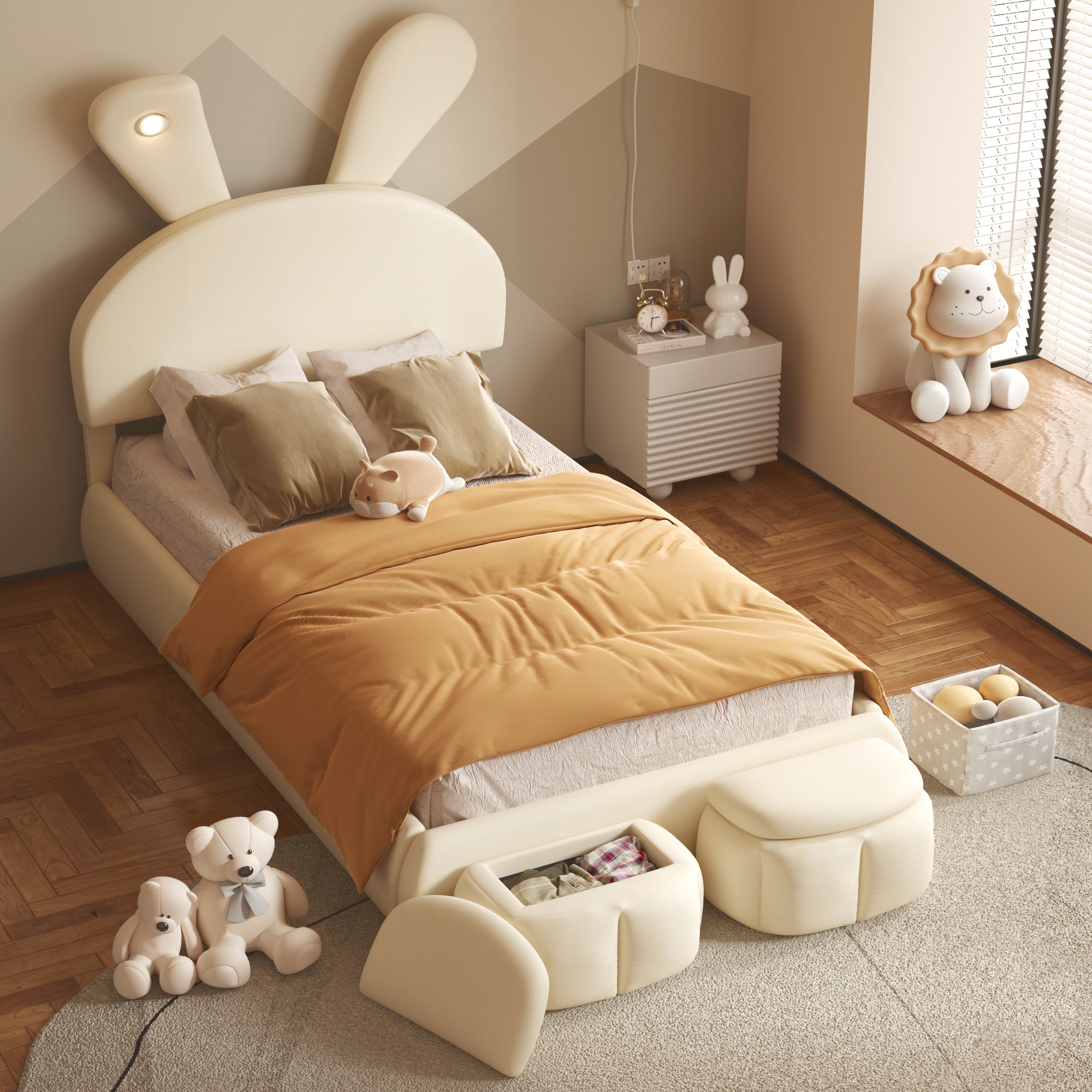 Twin Size Upholstered Platform Bed With Cartoon Ears Shaped Headboard And Light, Beige Box Spring Not Required Twin Beige Wood Bedroom Bed Frame Velvet Upholstered