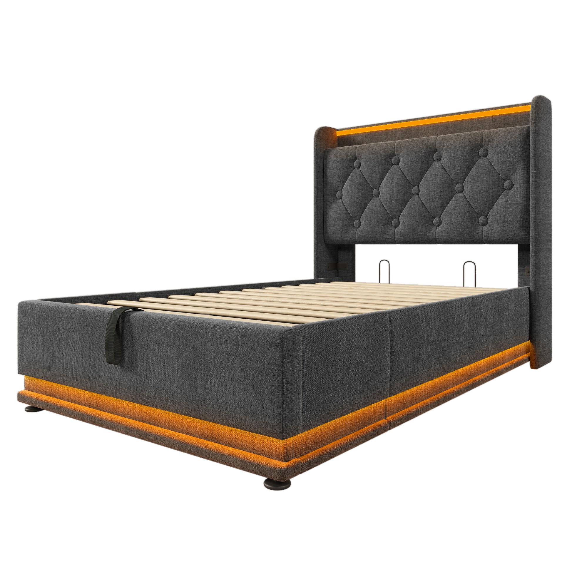 Twin Size Upholstered Bed, 360 Surround Led Function, Buttons Apps Remote Control, Hydraulic Storage Bed With Usb Type C Charging, Gray,Linen Without Mattress Twin Gray Linen