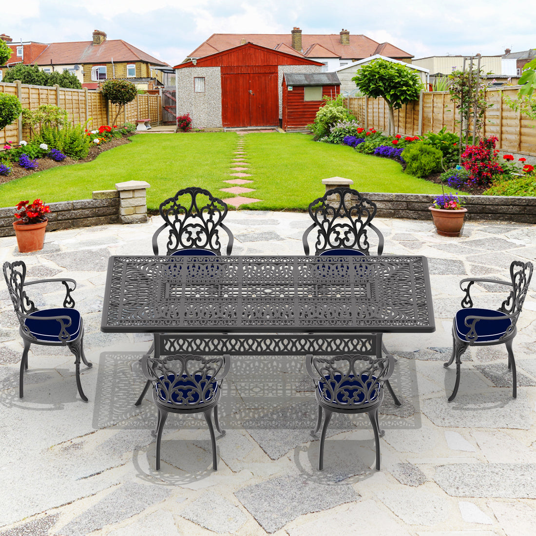 Cushions In Random Colors 7 Piece Set Of Cast Aluminum Patio Furniture With Cushions Yes Dining Set Black Seats 6 Rust Resistant Frame Water Resistant Cushion Garden & Outdoor Complete Patio Sets Aluminium