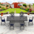 Cushions In Random Colors 7 Piece Set Of Cast Aluminum Patio Furniture With Cushions Yes Dining Set Black Seats 6 Rust Resistant Frame Water Resistant Cushion Garden & Outdoor Complete Patio Sets Aluminium