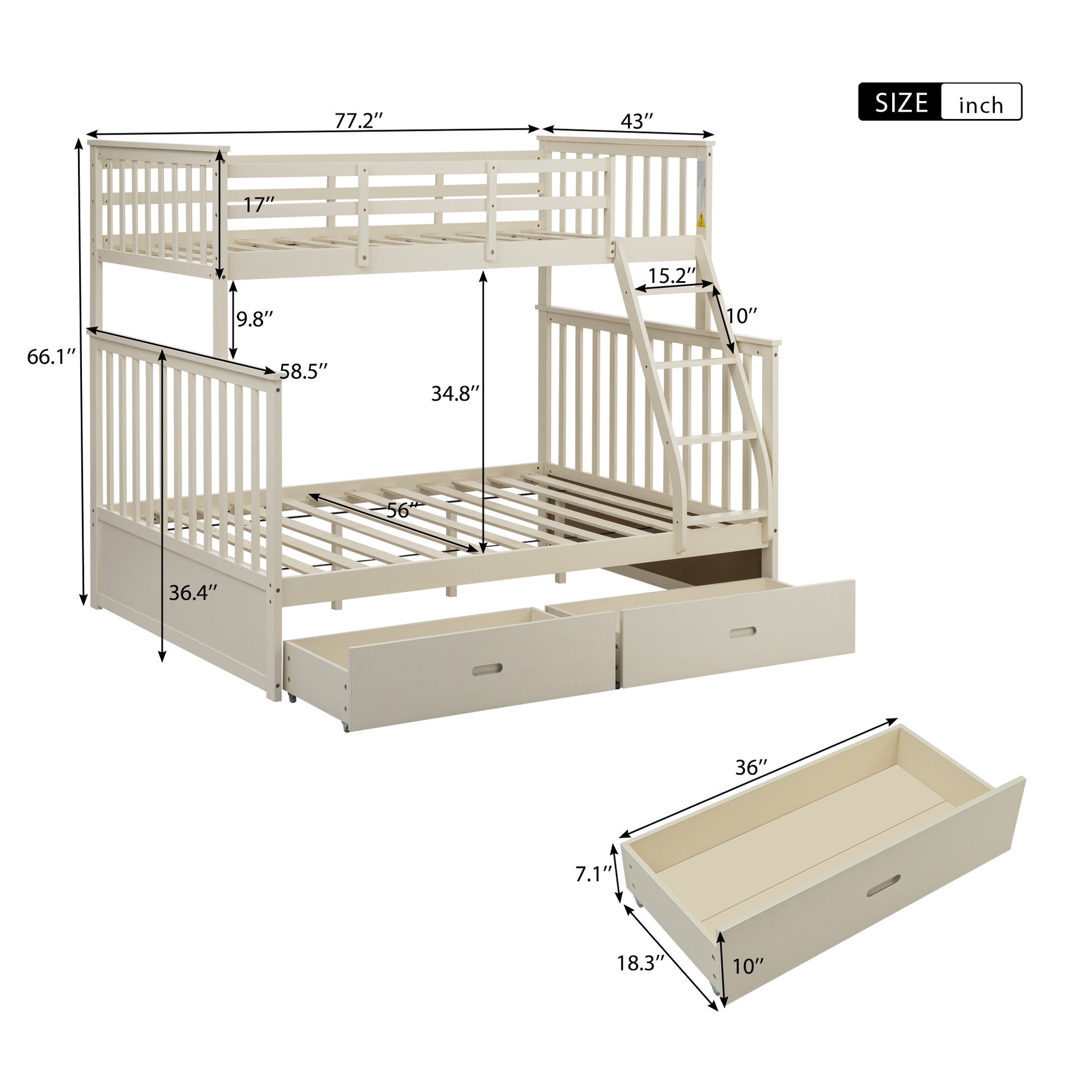 Twin Over Full Bunk Bed With Storage Drawers, Wooden Bunk Bed With Ladder And Safety Guard Rails Cream Full Cream Wood