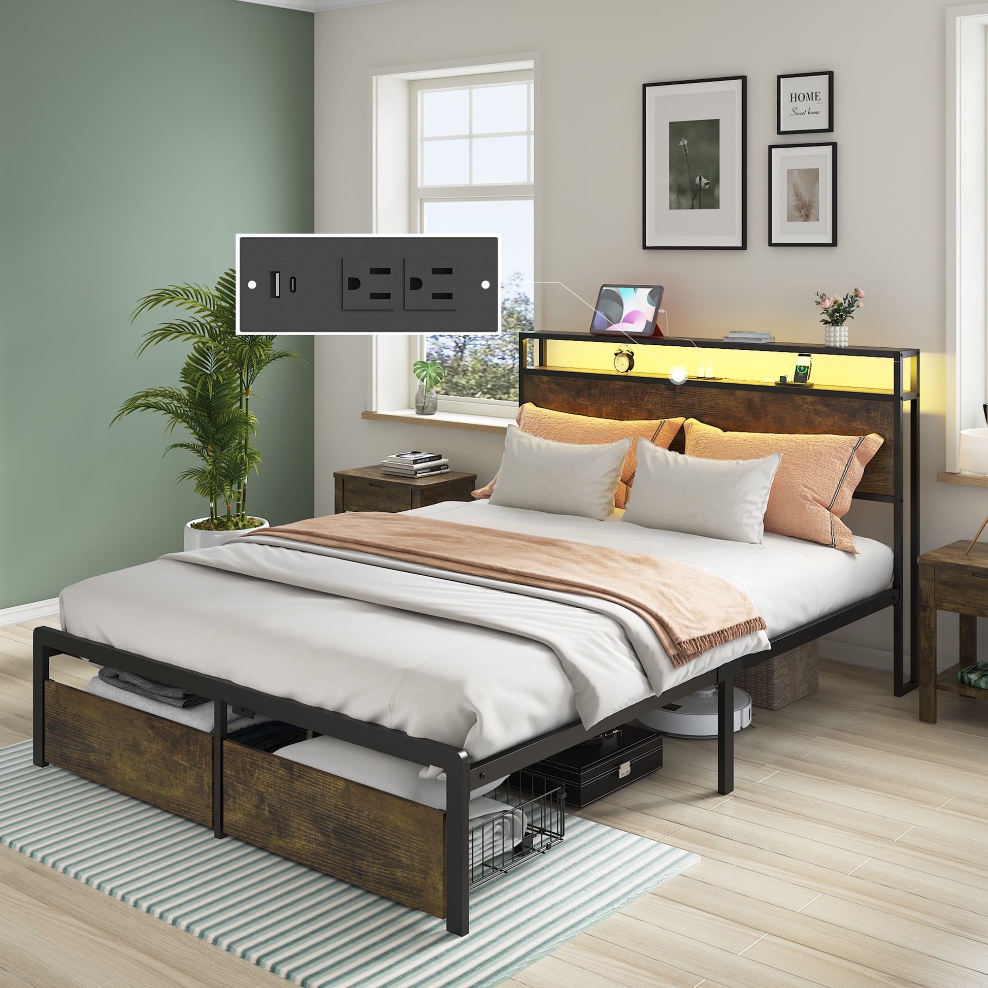 Queen Bed Frame With Led Lights And Charging Station Robust Metal Wood Construction, Rustic Wood Platform Bed Frame With 2 Drawers, No Box Spring Needed, Noise Free, Vintage Brown, Easy Assemble Box Spring Not Required Queen Black Brown Metal Brown