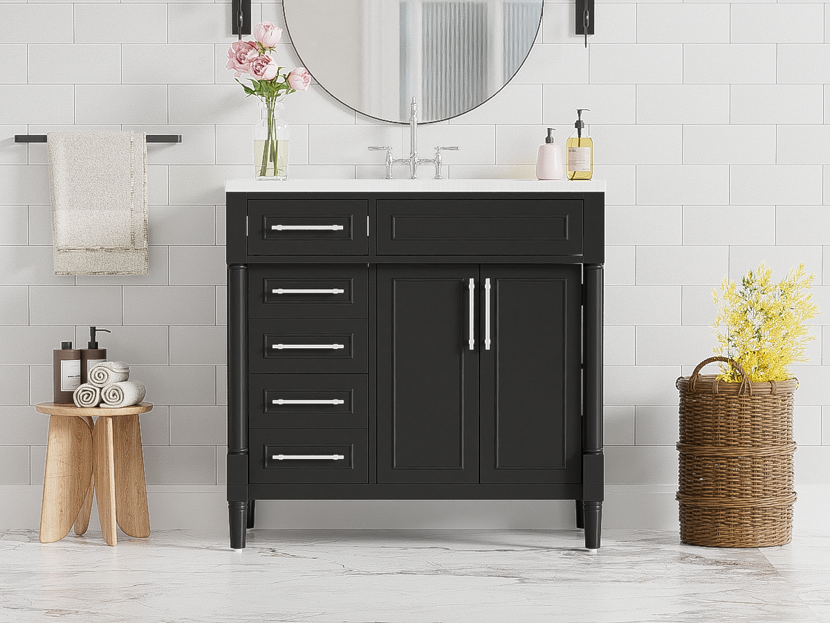 36'' Bathroom Vanity With Top Resin Sink, Freestanding Bathroom Storage Cabinet With 2 Drawers And A Tip Out Drawer, Solid Wood Frame Vanity Set, Height Adjustable Shelf 3 Black 2 2 Adjustable